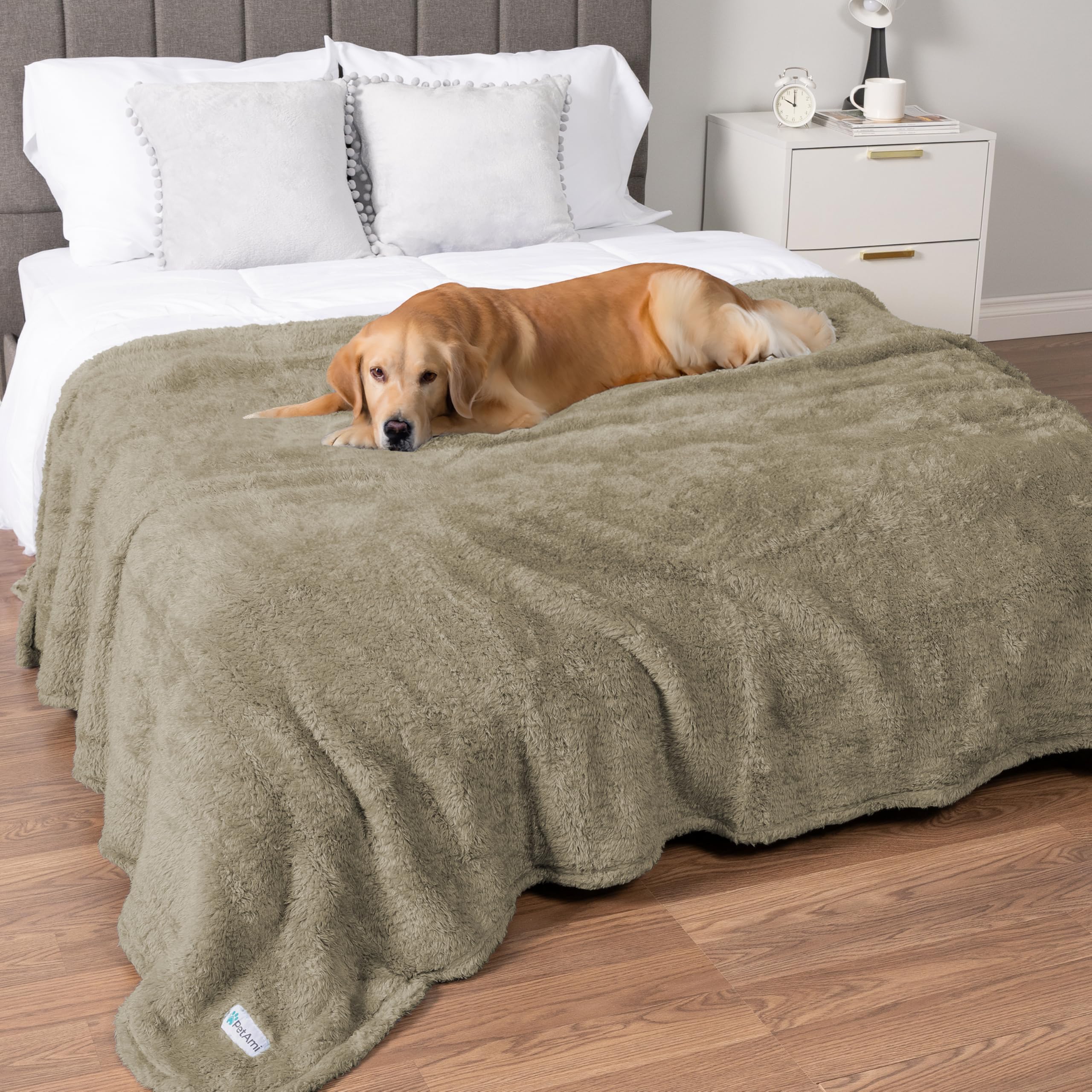 Petami Fluffy Waterproof Dog Blanket For Bed Large Dogs, Soft Warm Pet Sherpa Throw Pee Proof Couch Cover, Reversible Cat Blanket Sofa Crate Kennel Protector, Washable Mat Queen (Taupe Camel, 90X90)