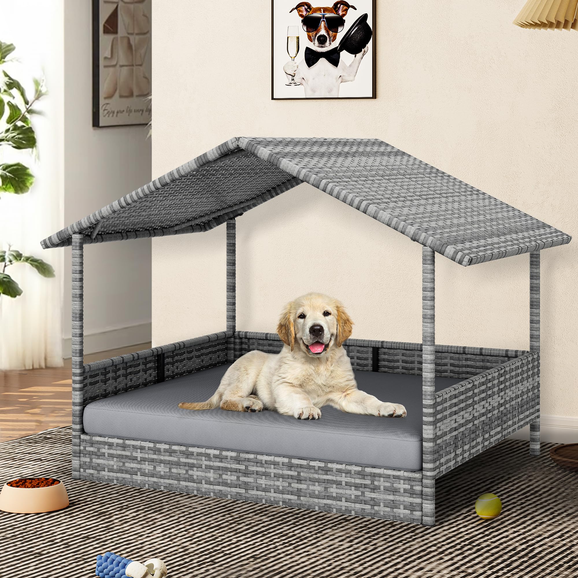 Yitahome Large Wicker Dog House With Cushion Outdoor Indoor Rattan Doghouse Elevated Raised Dog Bed With Canopy Water Resistant