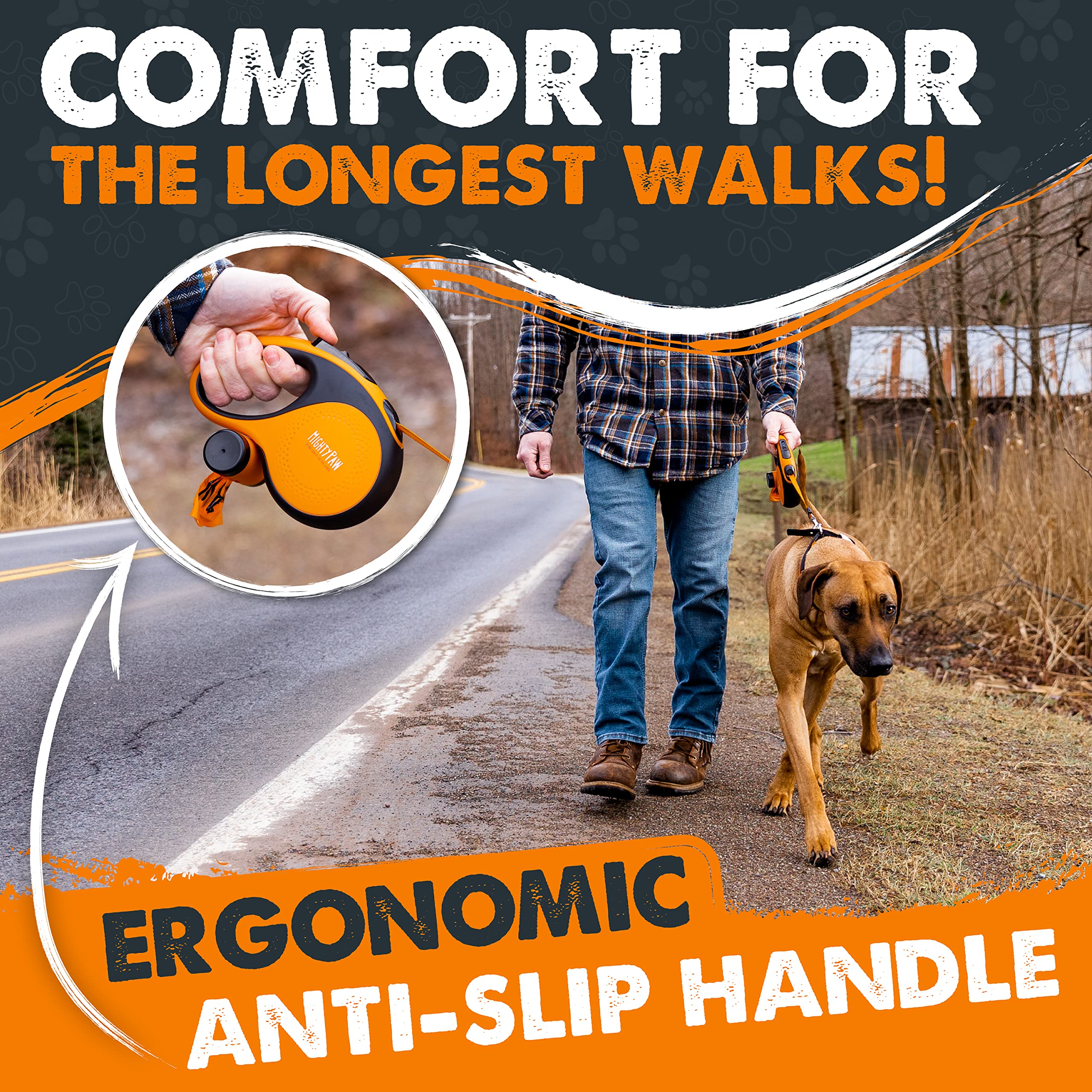 Mighty Paw Retractable Dog Leash with Poop Bag Holder, 16' for 0-50 lbs, Deluxe Orange, Stainless Steel