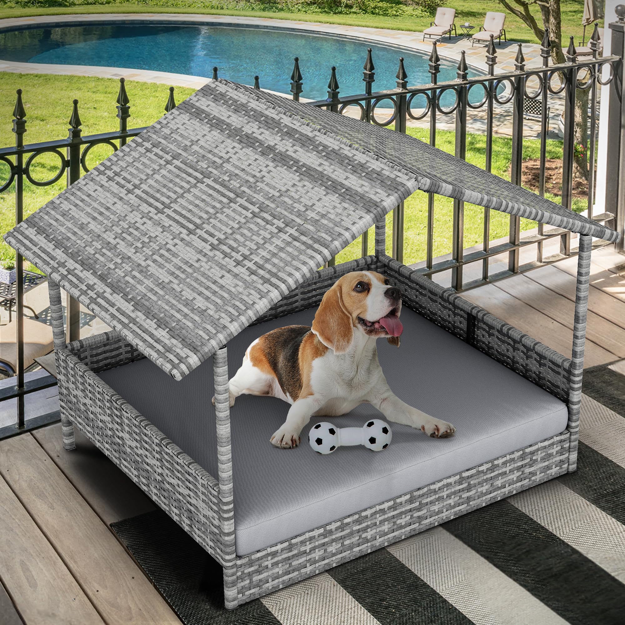 Yitahome Large Wicker Dog House With Cushion Outdoor Indoor Rattan Doghouse Elevated Raised Dog Bed With Canopy Water Resistant