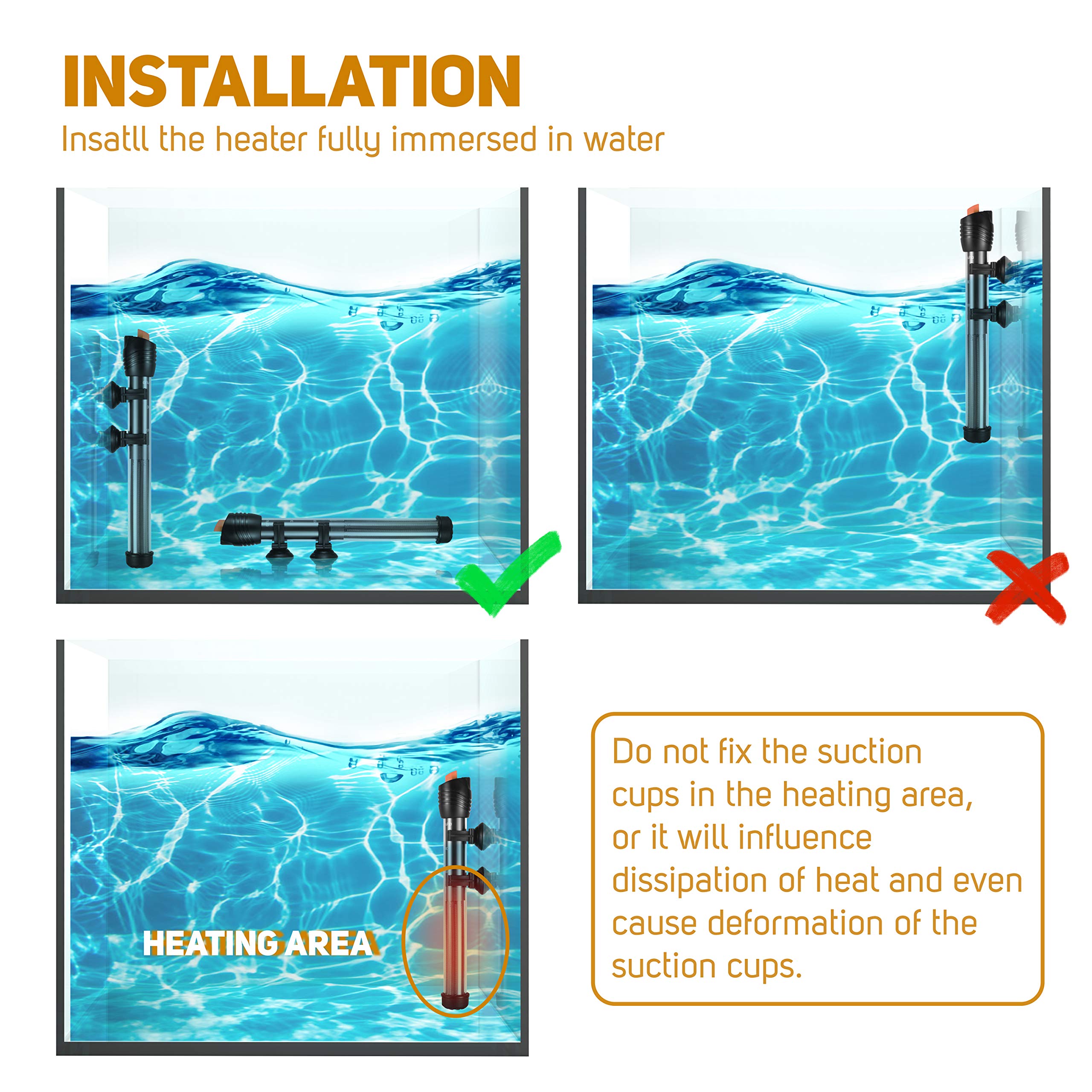 Orlushy Submersible Aquarium Heater,200W Adjustable Fish Tahk Heater With 2 Suction Cups Free Thermometer Suitable For Marine Saltwater And Freshwater