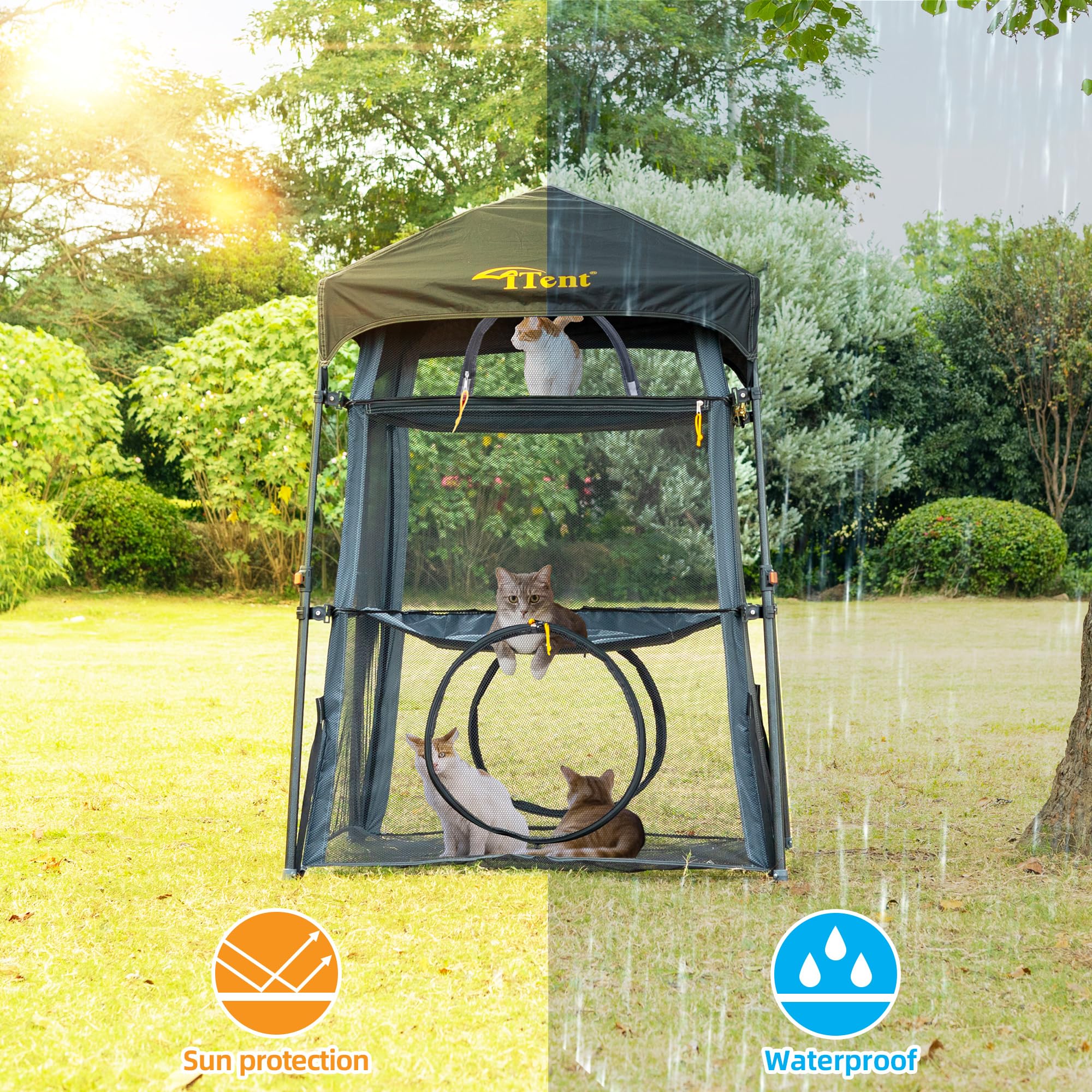Itent Extra Large Triple Catio Outdoor Cat Enclosure,Pop Up 3 Tier Cat Tent Outdoor Weatherproof & Sunproof, Foladable And Porta