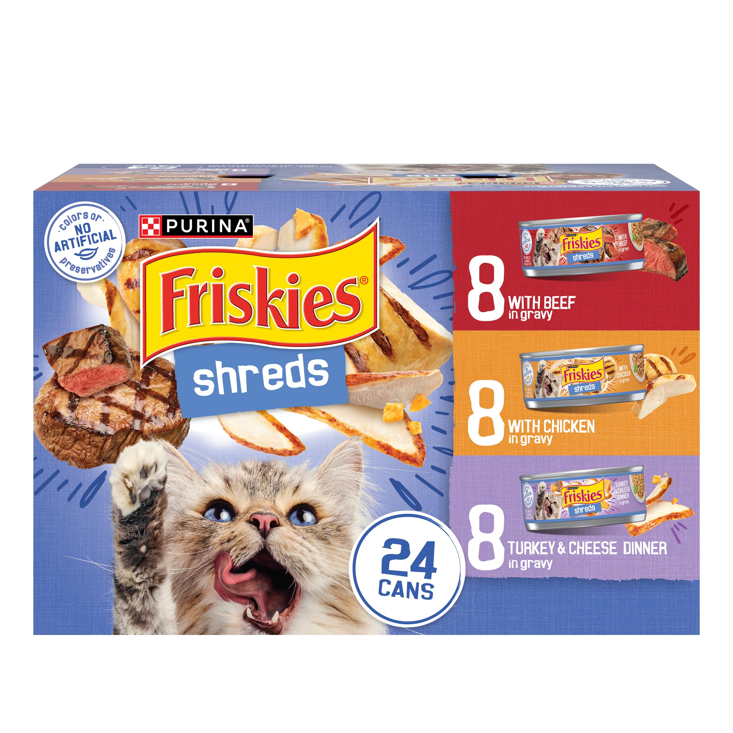Purina Friskies Gravy Wet Cat Food Variety Pack, Shreds With Beef, With Chicken, and Turkey and Cheese Dinner - (Pack of 24) 5.5