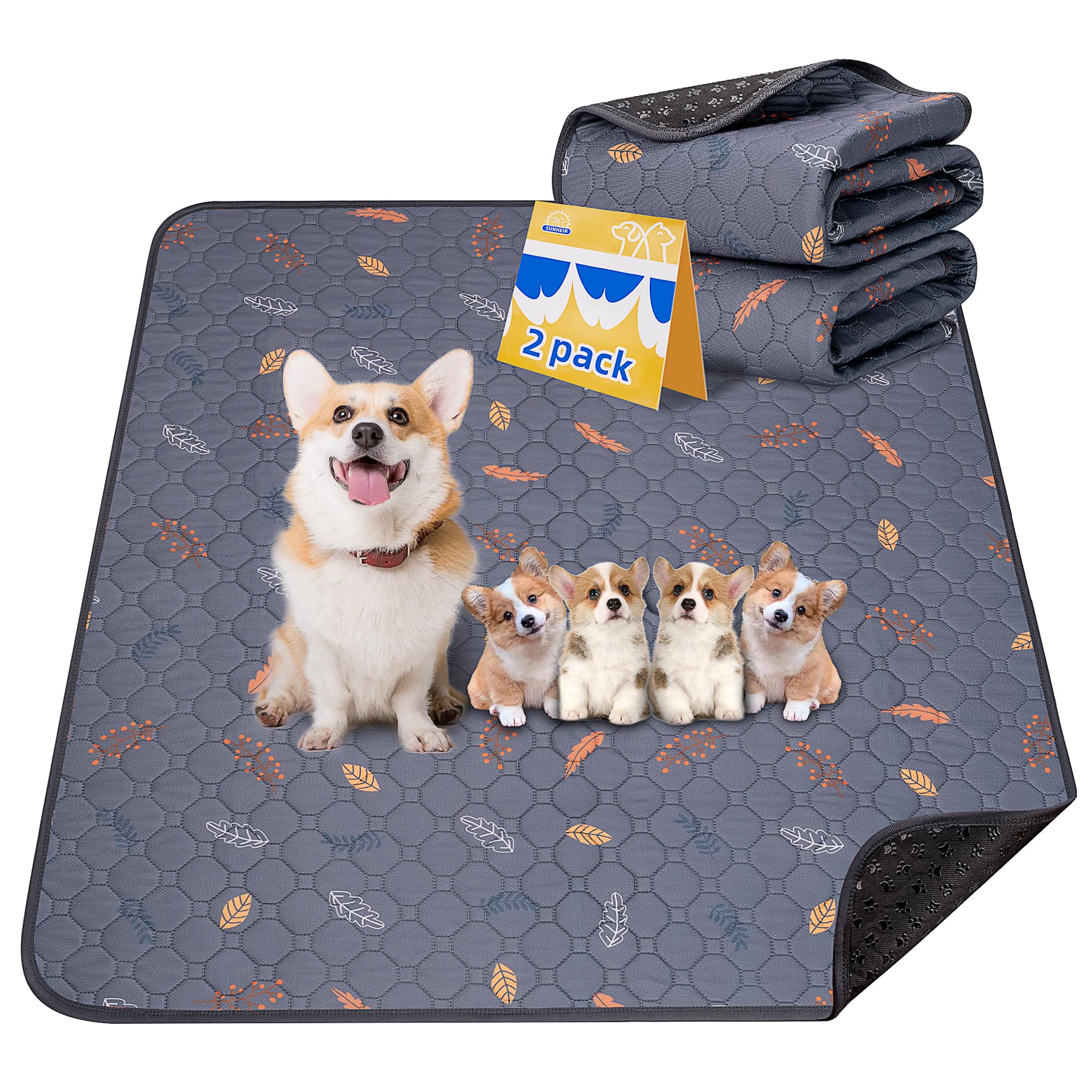 Sunheir Washable Pee Pads For Dogs 2-Pack Reusable Puppy Pads Pet Training Pads, Waterproof Dog Pee Pads For Crate, Whelping Pad, Non-Slip Protects Against Urine Leakage (Leaves - Deep Grey, 31X36)