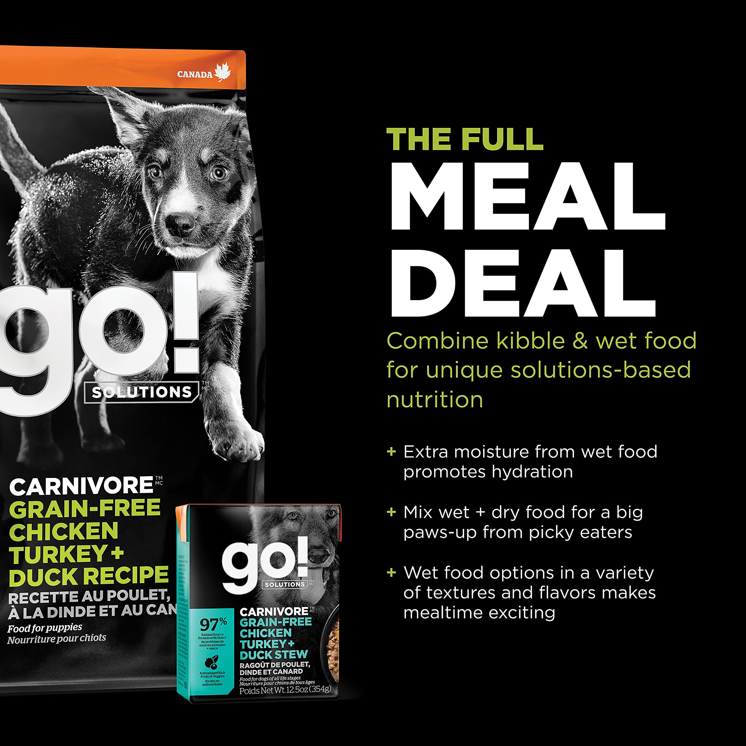 Go! Solutions Carnivore, Grain-Free, Protein Rich Dry Dog Food, Chicken, Turkey and Duck Puppy Recipe, Small Kibble, 3.5 lb Bag