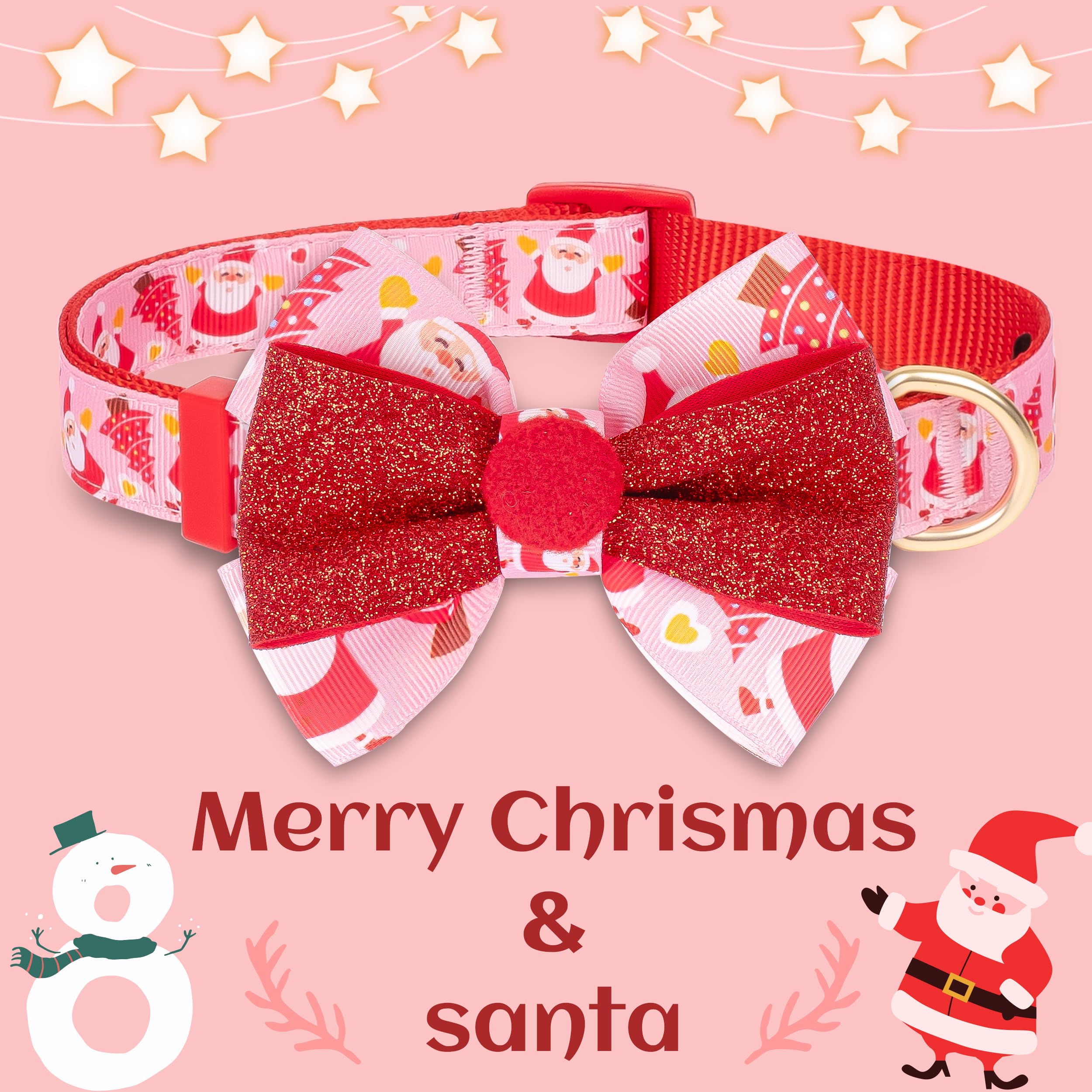 Azuza Christmas Dog Collar Santa Print With Removable Red And Pink Bowtie, Adjustable Collar Accessory For Large Dogs