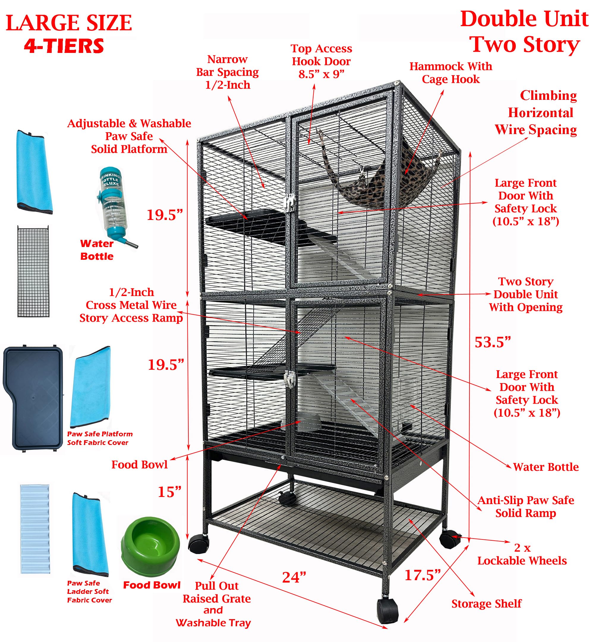 Large Two Story Deluxe Double Unit 4-Floor Small Animal Critter Durable Cage Tight 1/2-Inch Bar Spacing Feisty Ferret Hammock Sq
