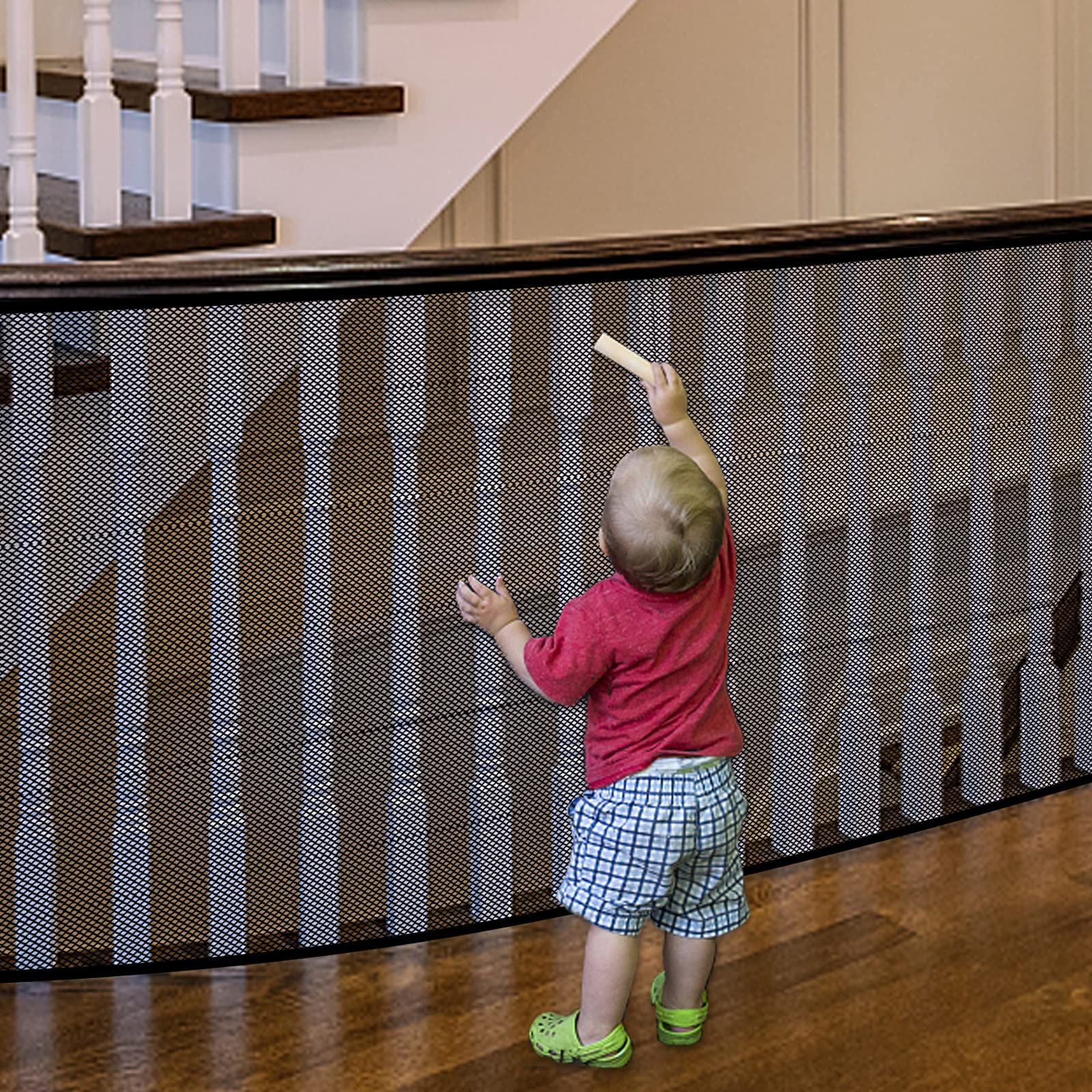 JIFTOK Baby Gate for Stairs, Banister Guard for Kids, Pets, Toys, 18 ft L x 2.66 ft H, Mesh Netting Safety Net for Balcony Rail 