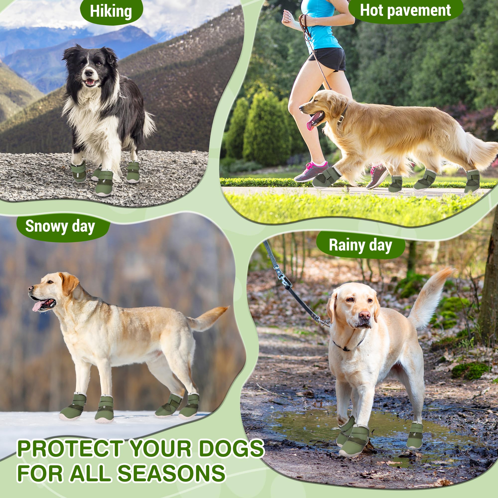 DcOaGt Dog Shoes for Large Dogs, Size 9, Green Mesh-Reflective, Anti-Slip Booties for Summer & Winter, Model 001, Pack of 4