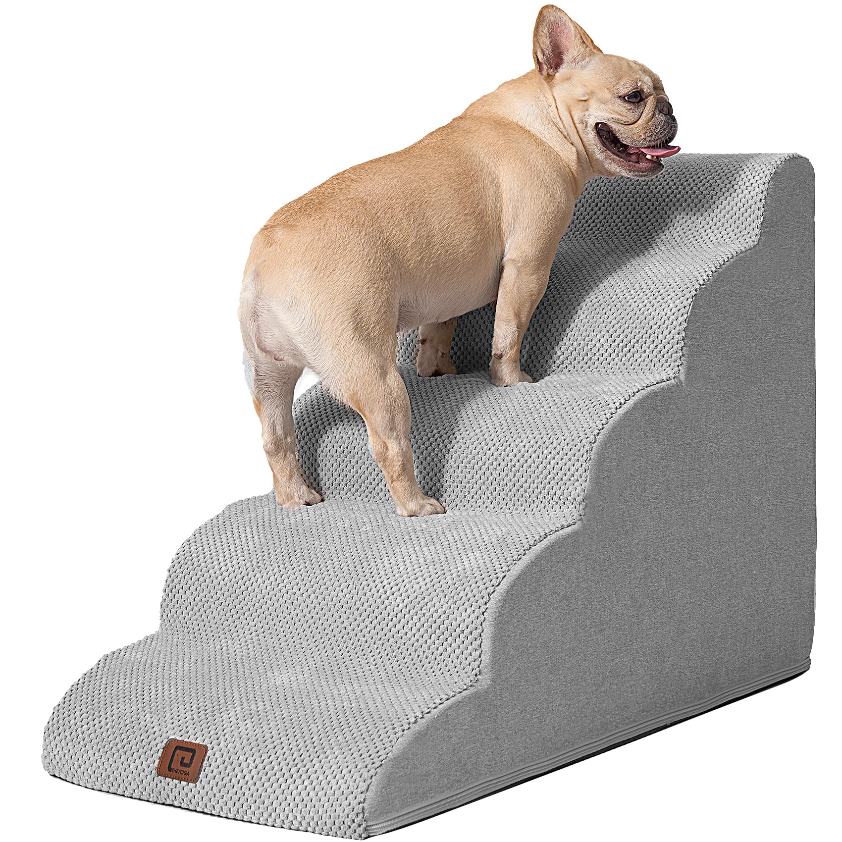 Eheyciga Curved Dog Stairs Ramp For High Beds 22.6' H, 5-Step Dog Steps For Small Dogs And Cats, Pet Stairs For High Bed Climbing, Non-Slip Balanced Pet Step Indoor, Light Grey