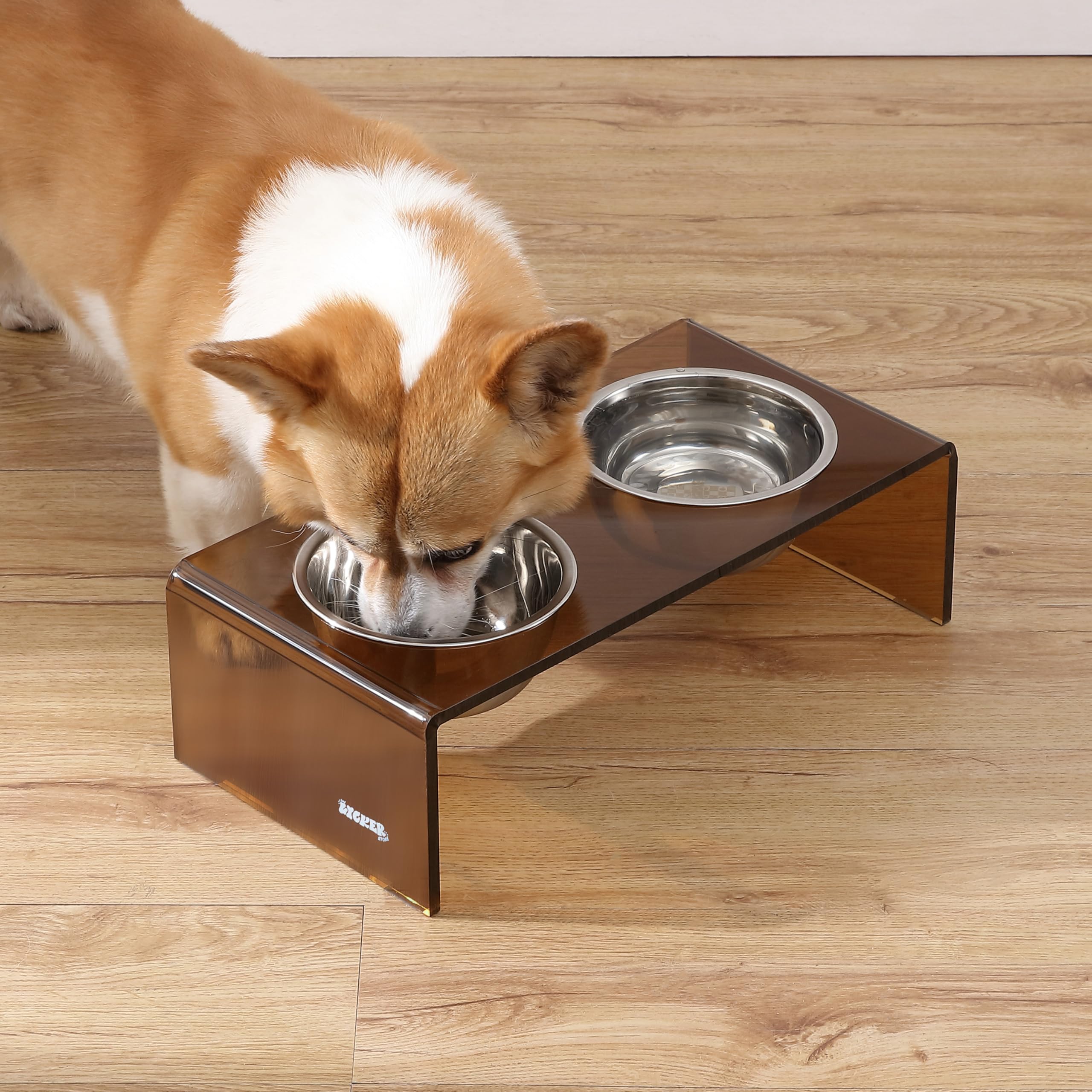 The LICKER Store DBL2000D Keaton 5 Small/Medium Modern Acrylic Rectangular Elevated Pet Feeder with 20oz 2-Stainless Steel Bowls