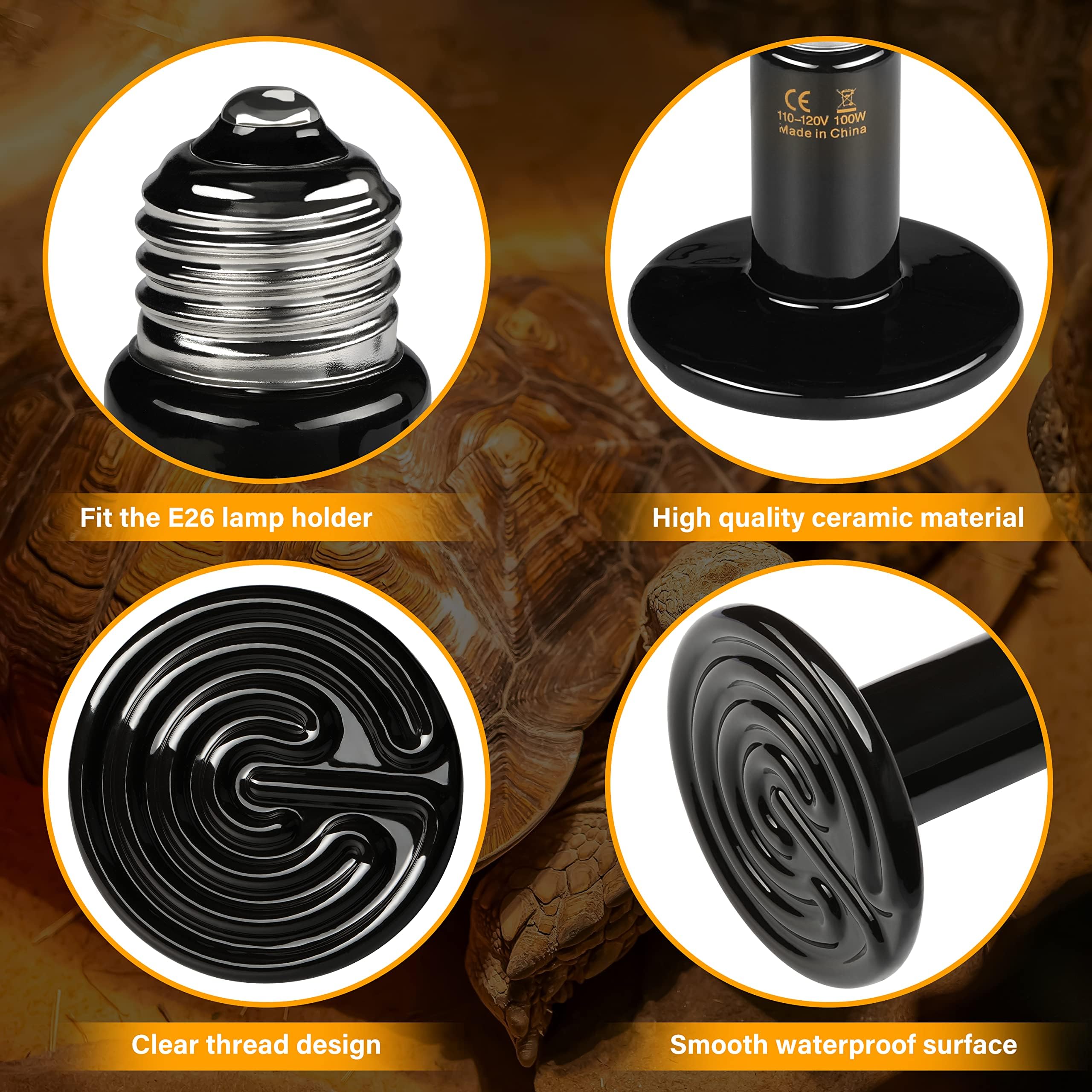 HealSmart Reptile Heat Lamp 150W, Ceramic Heat Emitter, 2-Pack, Black for Amphibians, Lizards, Turtles, Chicken Incubation