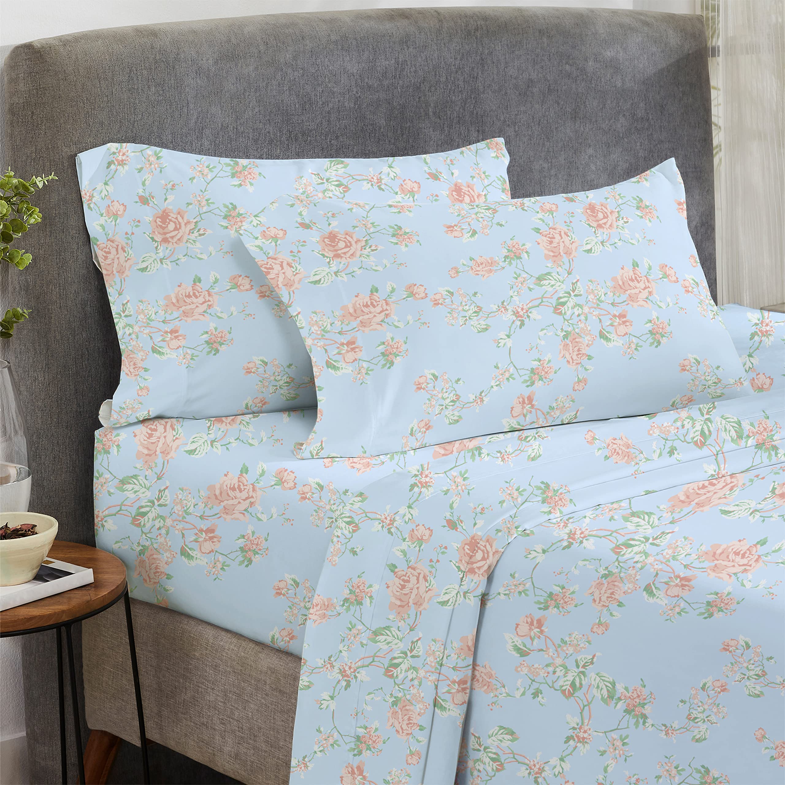 California Design Den Floral Sheets For Queen Size Bed, 4 Piece 100 Cotton Sheets Set, Luxury 400 Thread Count Sateen, Deep Pock