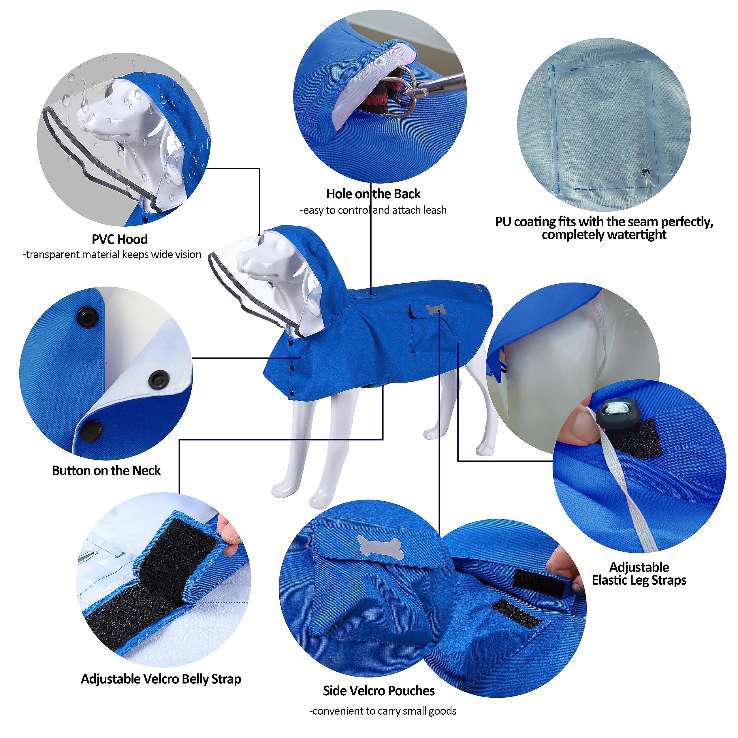 Waterproof Dog Raincoat, Adjustable Reflective Lightweight Pet Rain Clothes With Poncho Hood (Large, Blue)