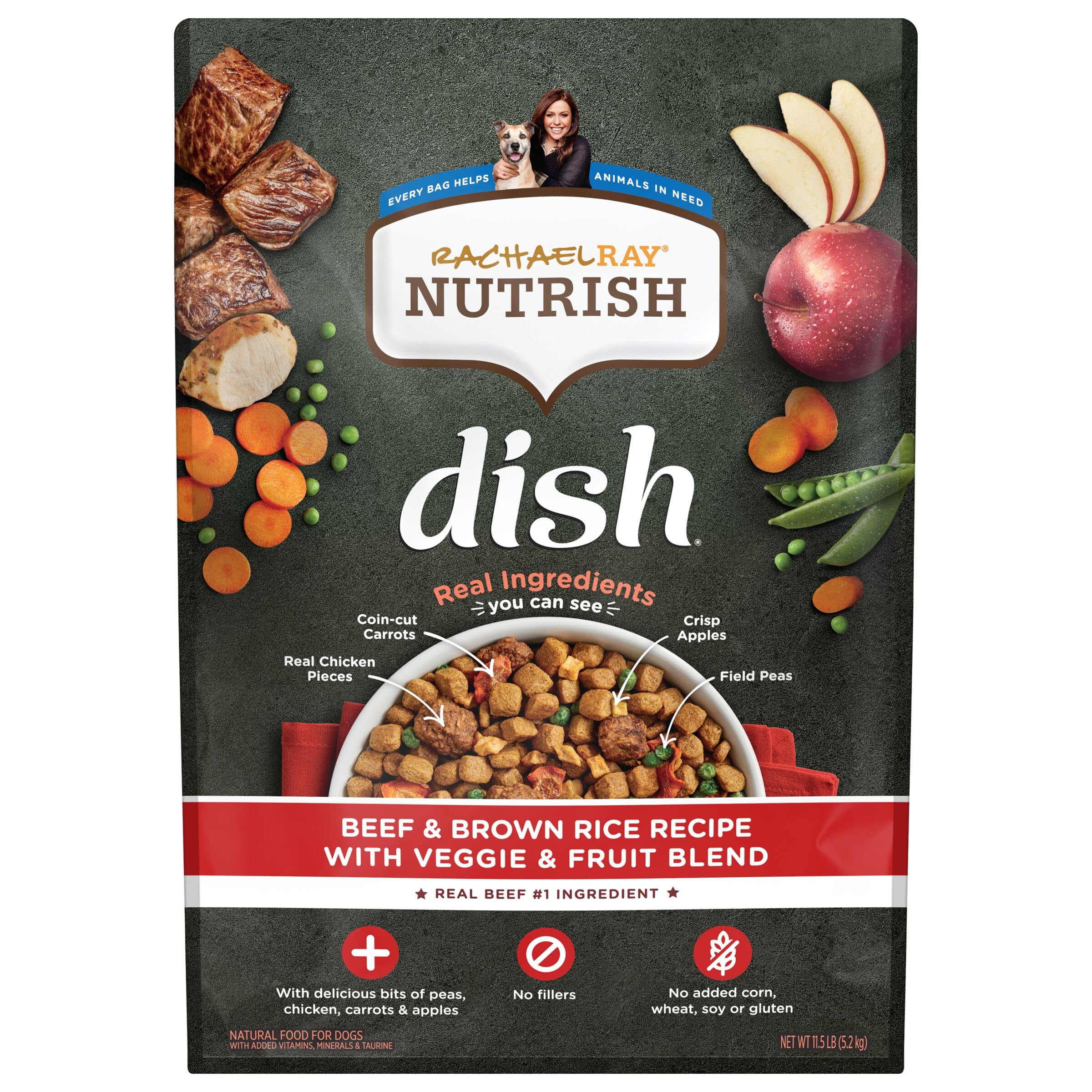 Nutrish Rachael Ray Dish Premium Natural Dry Dog Food, Beef & Brown Rice Recipe with Veggies, Fruit & Chicken, 11.5 Pound Bag
