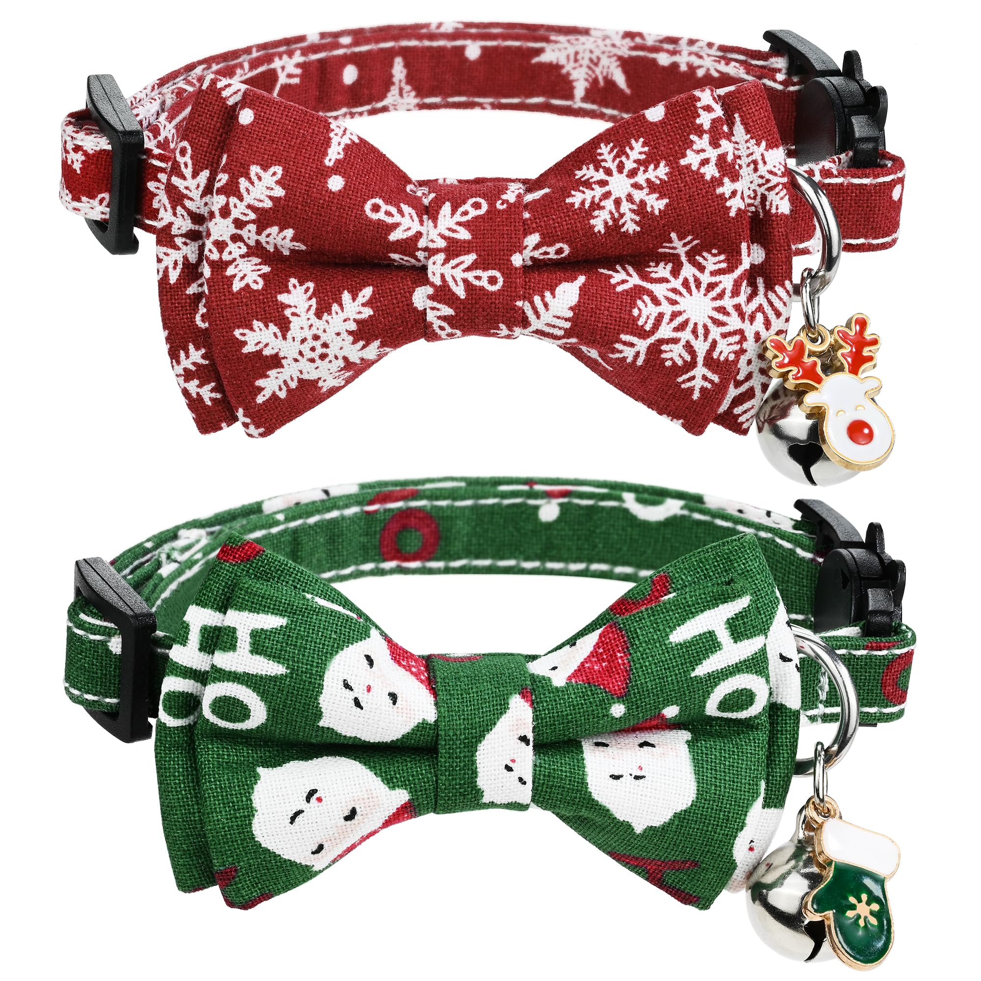 G-Ficu 2 Pack Christmas Cat Collar Breakaway With Cute Bow Tie Bell Charm, Snowflake Santa Claus Holiday Collars For Girl Boy Ca