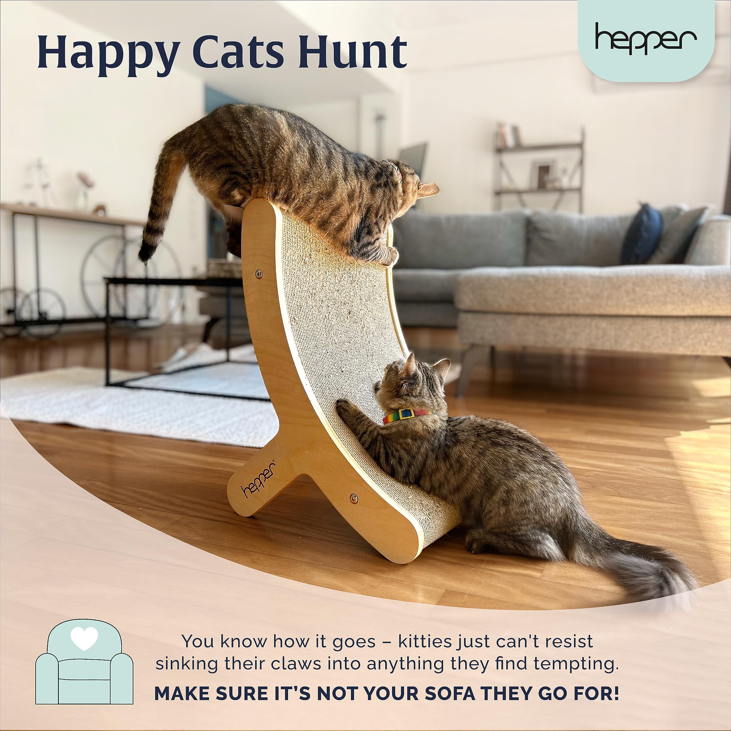 Hepper Hi-Lo Cardboard Cat Scratcher With Real Wood & Metal Frame - 3-Position Cat Scratchers For Indoor Cats - Curved Cat Scrat