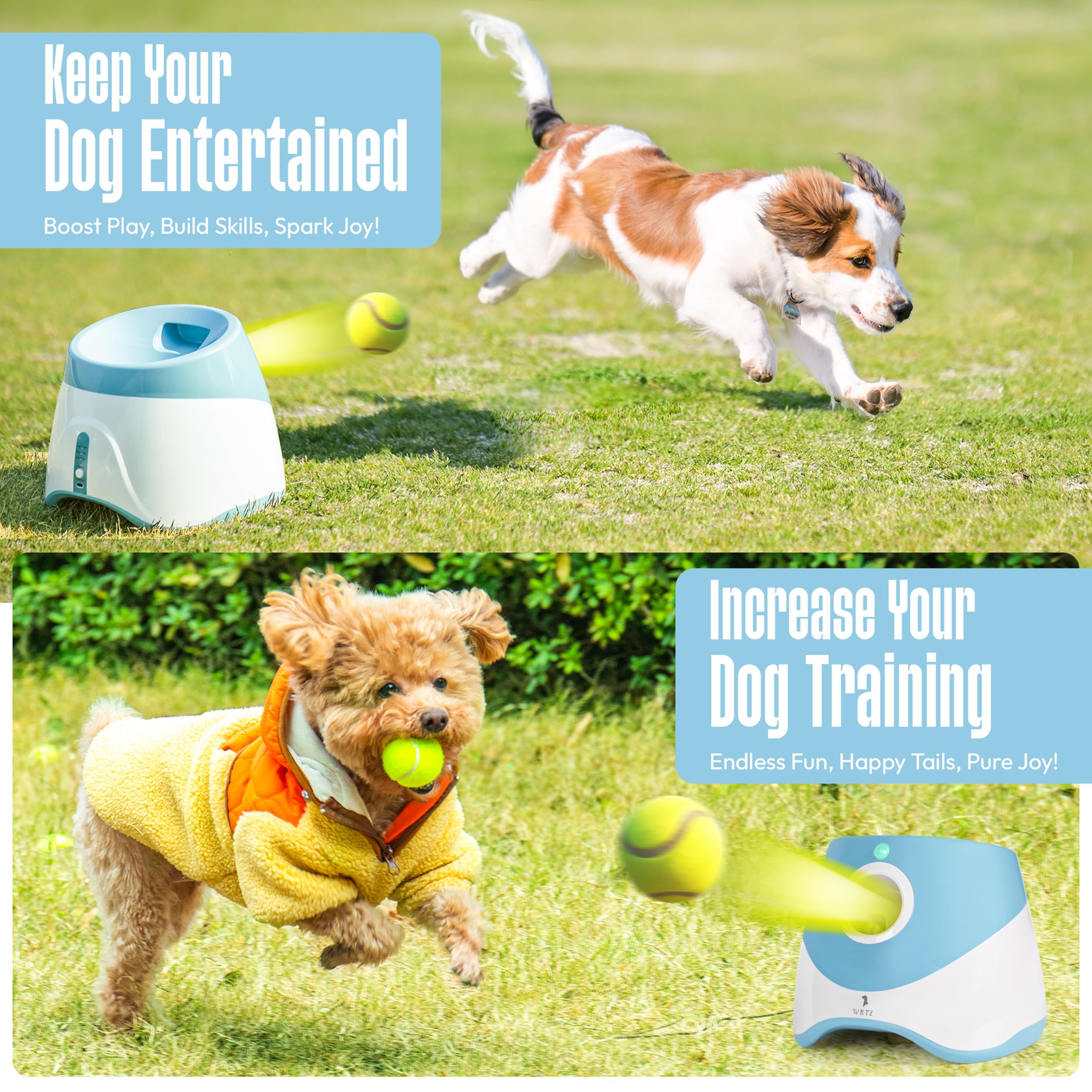 WRTZ Automatic Dog Ball Launcher for Small and Medium Dogs - Dog Ball Thrower for Indoor Outdoor with 3 Adjustable Distance Sett