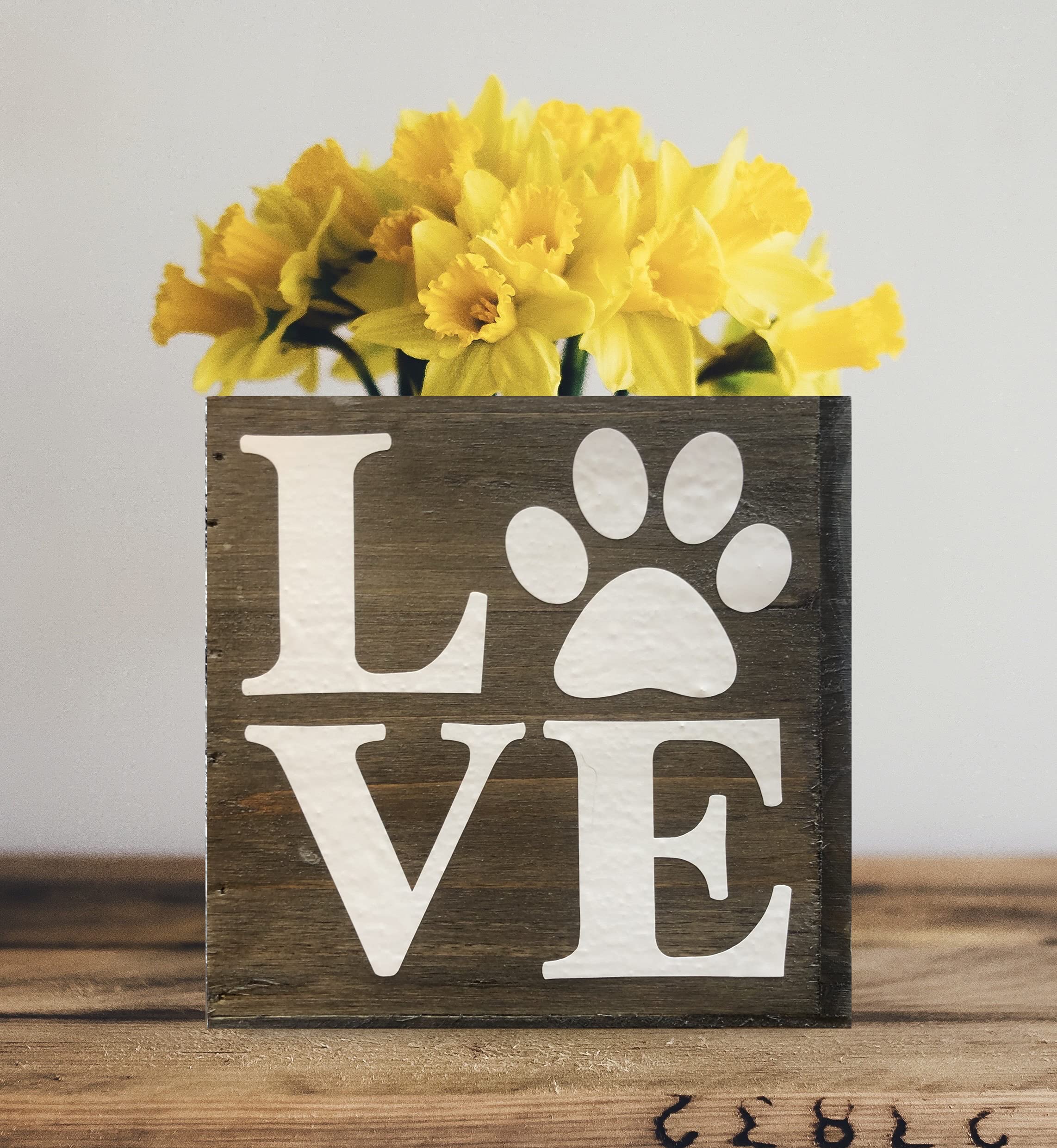 Paw Love Succulent Planter, Cute Gift For Cat And Dog Lovers, Veterinarian, Decorative Bin (4 Square Inches, Natural Brown Wood)