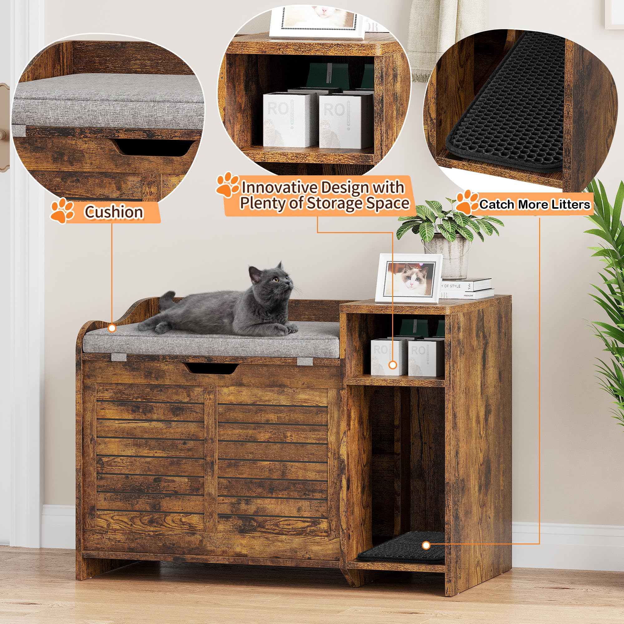 Idealhouse Cat Litter Box Enclosures With Top Opening With Cushion, Cat Litter Box Furniture Hidden, Cat House, Privacy Cat Litt