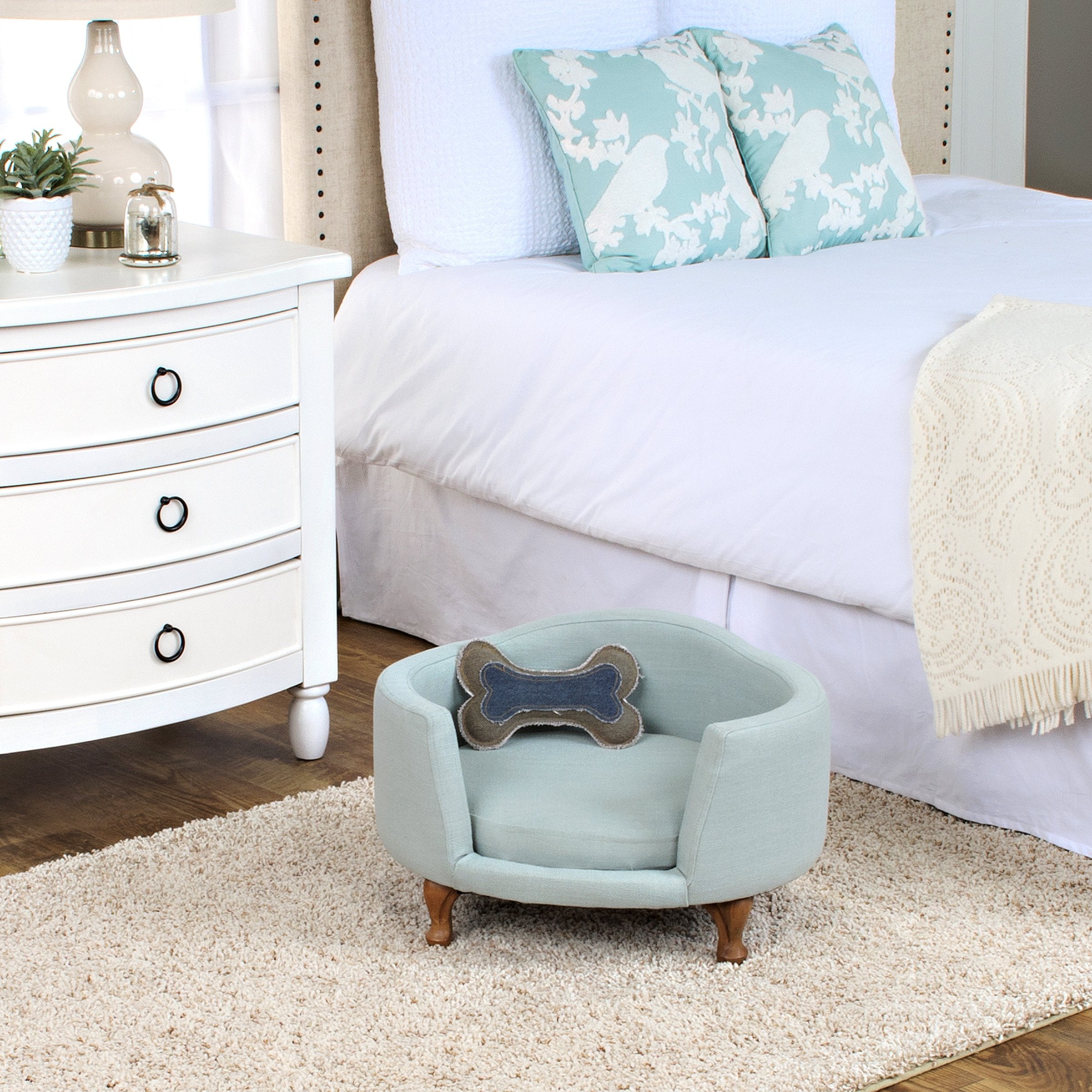 Homepop Home Decor | Upholstered Curved Pet Bed | Luxury Cat & Dog Beds & Furniture | Round Pet Bed Created With Stain Resistant Fabric, Aqua Woven