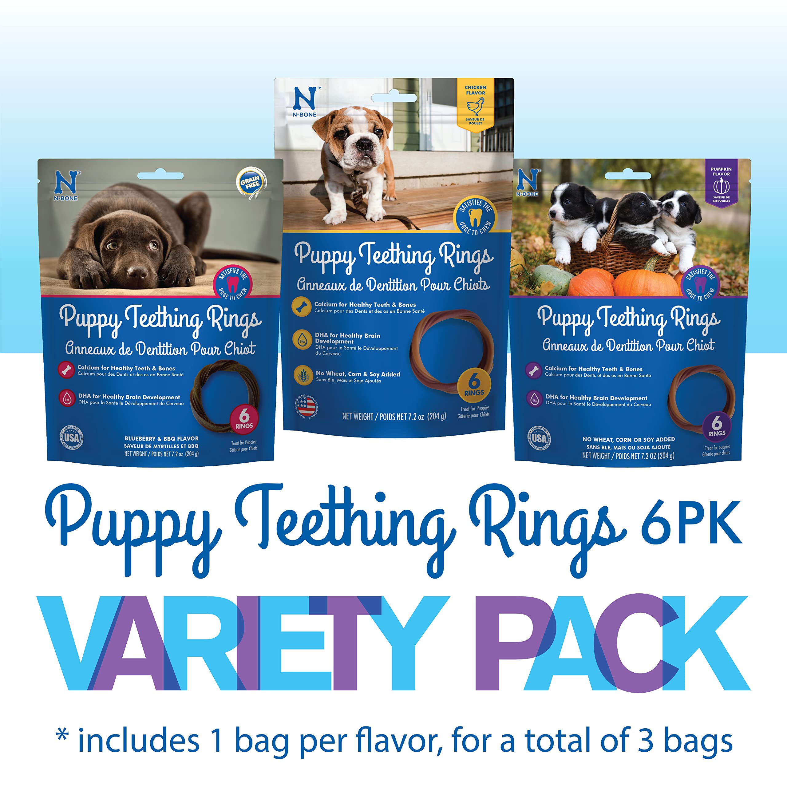 N-Bone Puppy Teething Rings Variety Pack, Chicken & Pumpkin & Blueberry BBQ, 18 Count, 3 Bags, Natural Flavor