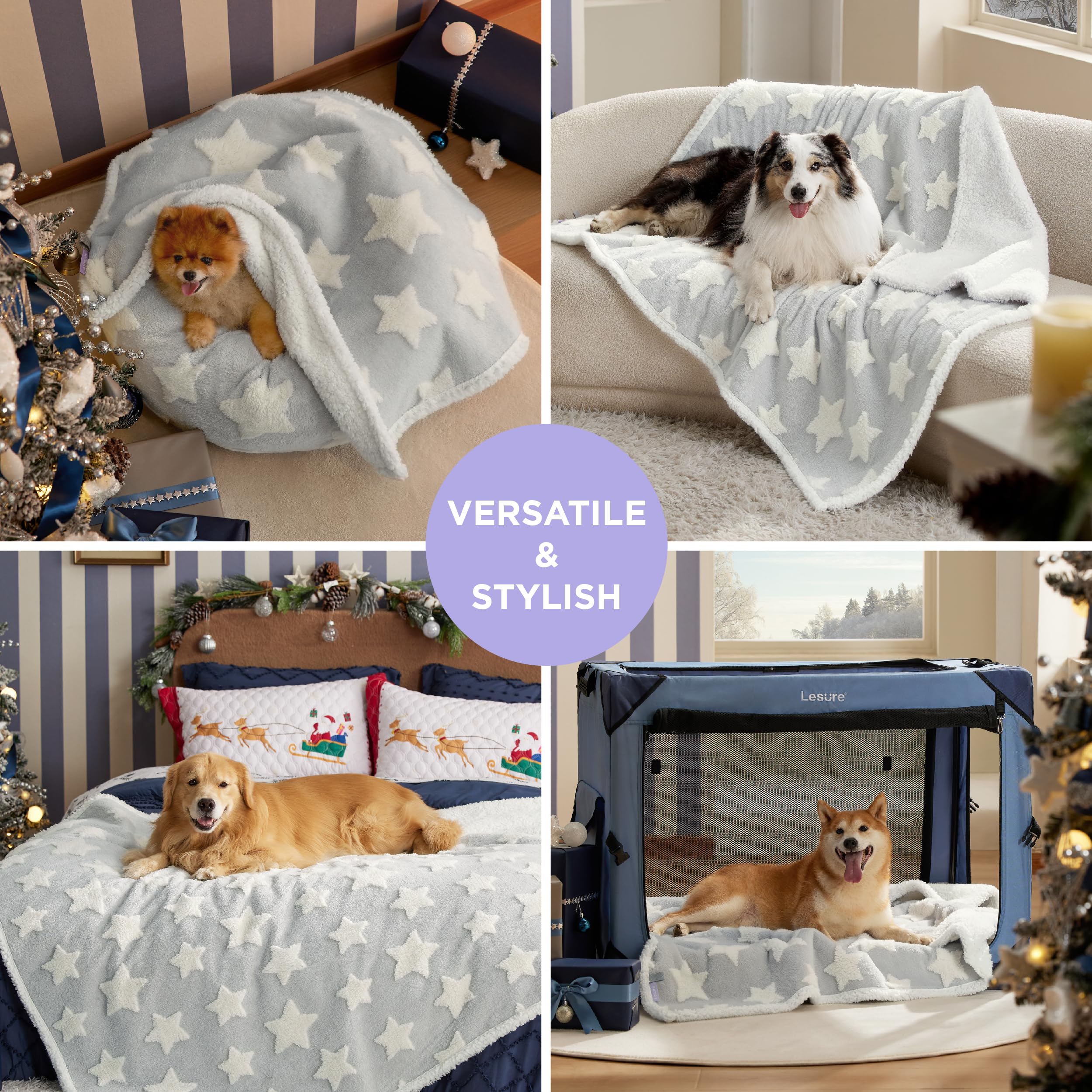 LE SURE Large Waterproof Dog Blanket - Washable Double-Sided Sherpa & Jacquard Shag, Galaxy Grey, 40x50 for Couch Protection