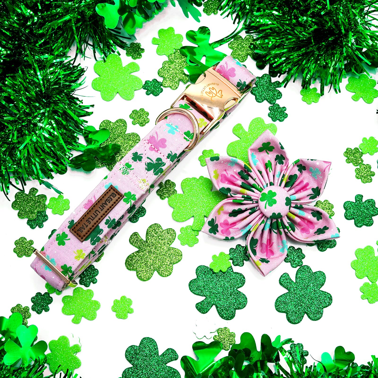 Elegant little tail St Patrick's Dog Collar with Flower Green Cute Colver Cotton Shamrock Pet Collar Trefoil Puppy Collar Flower