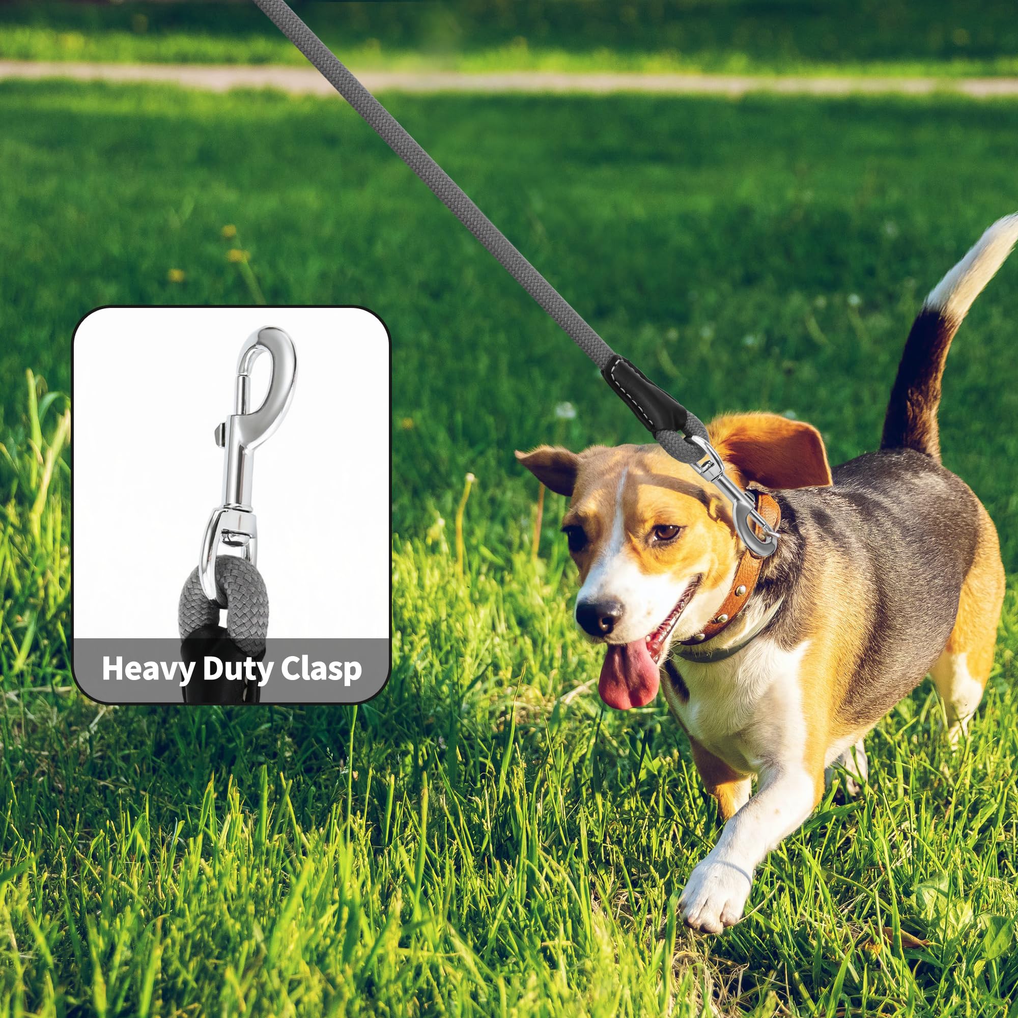 Mile High Life Genuine Leather Wrapped Handle Dog Leash, W Heavy Duty Clasp Rope Leash For Small Medium Large Dogs (Gray, 5Ft)