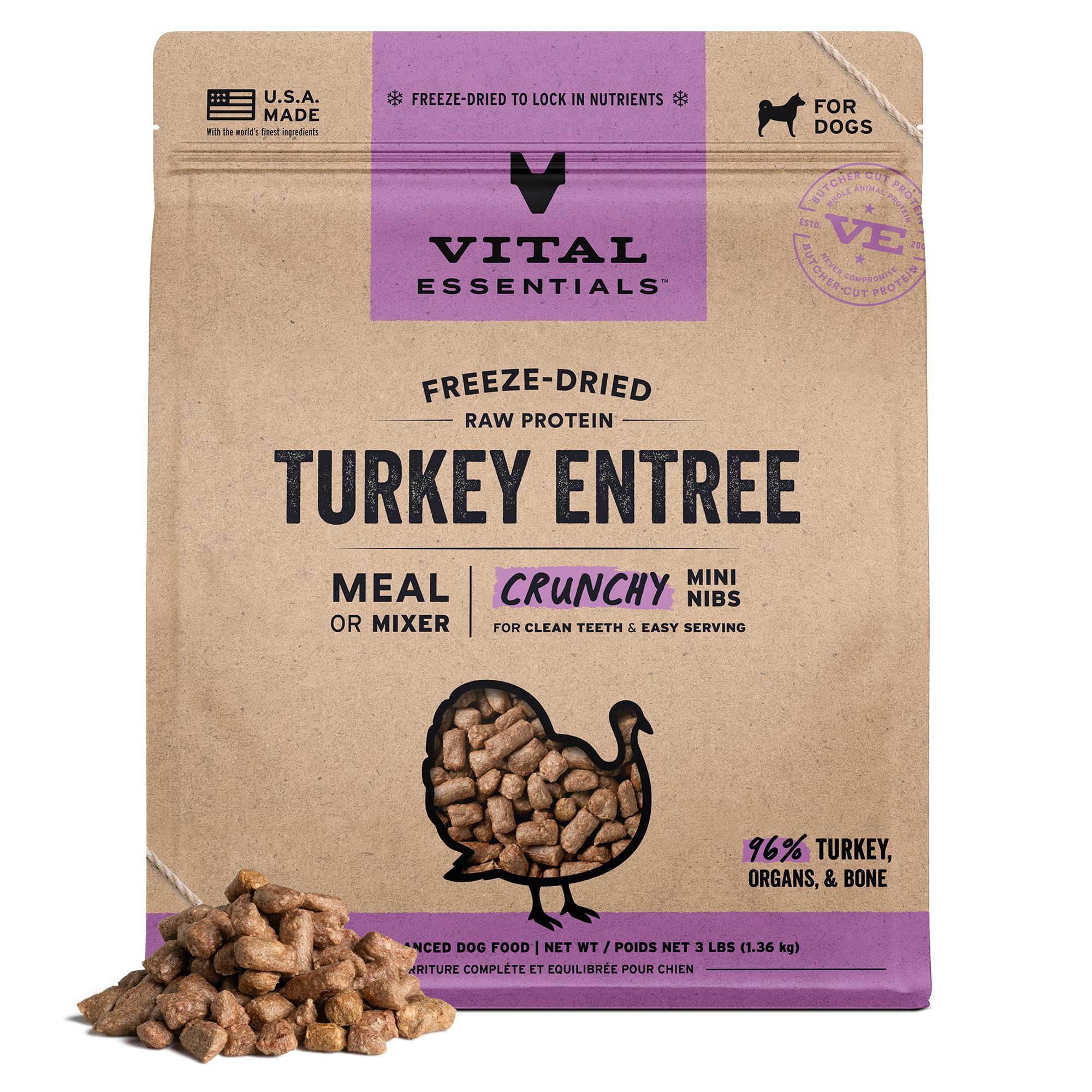 Vital Essentials Freeze Dried Dog Food, Raw Turkey Crunchy Mini Nibs | Complete Meal or Mixer | High Protein, Low Carb, Grain Fr