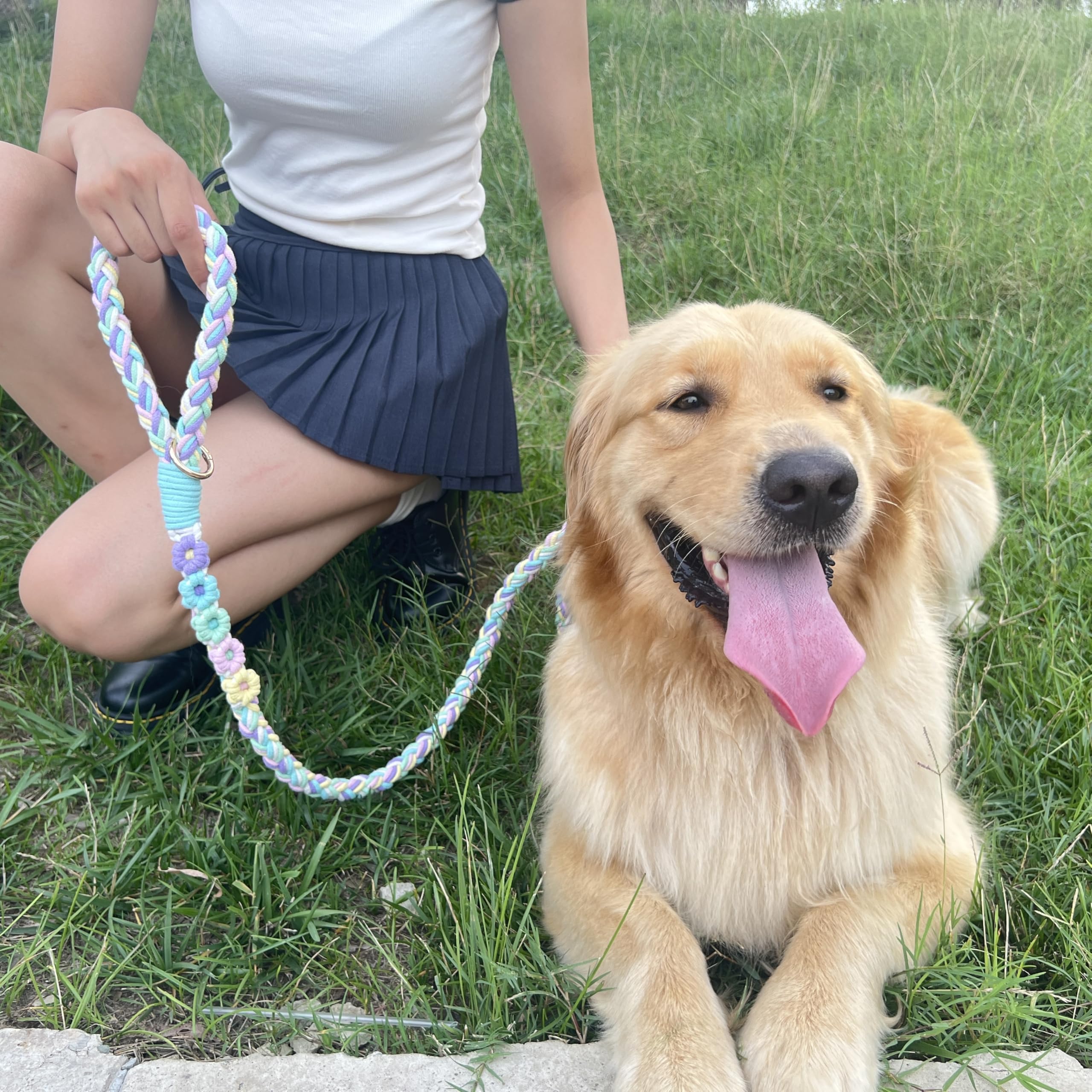 Handmade 5Ft Braided Cotton Dog Leash With Unique Floral Handle, Durable And Stylish, Ideal For Small To Large Dogs, Rainbow Col