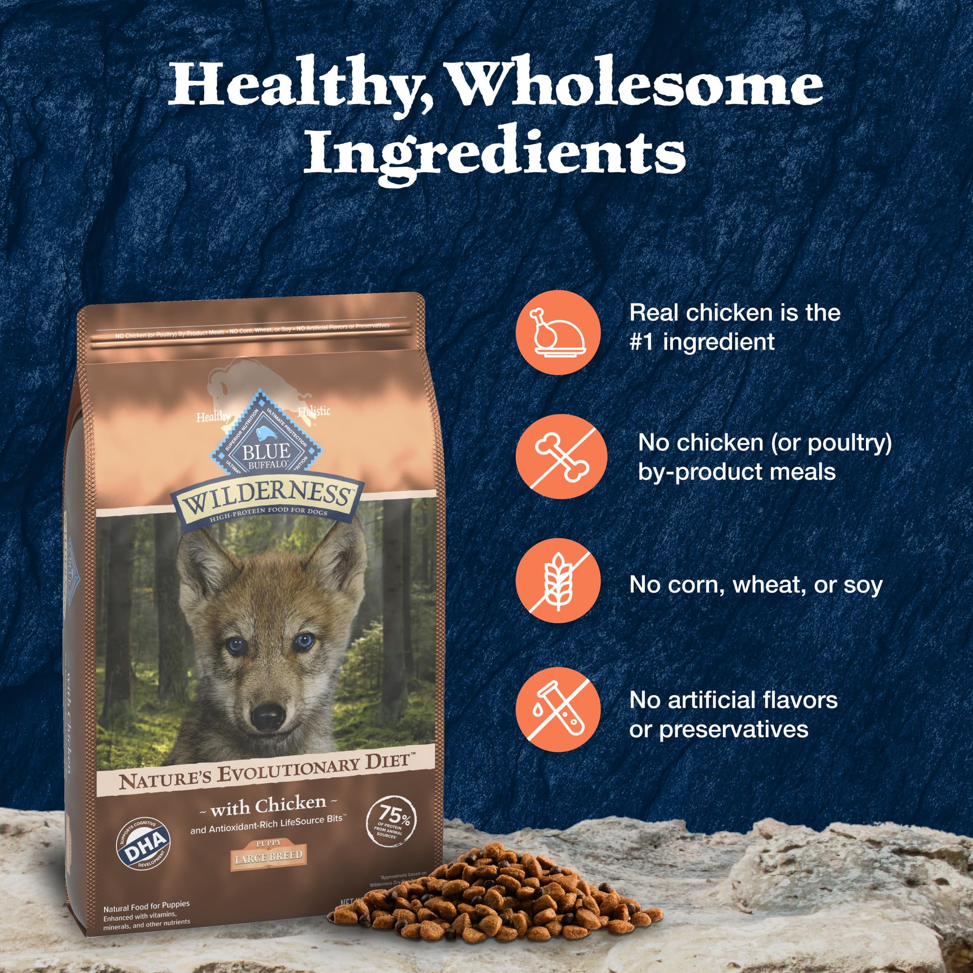 Blue Buffalo Wilderness Natural High-Protein Dry Food for Large Breed Puppies, with Wholesome Grains, Chicken, 28-lb bag.