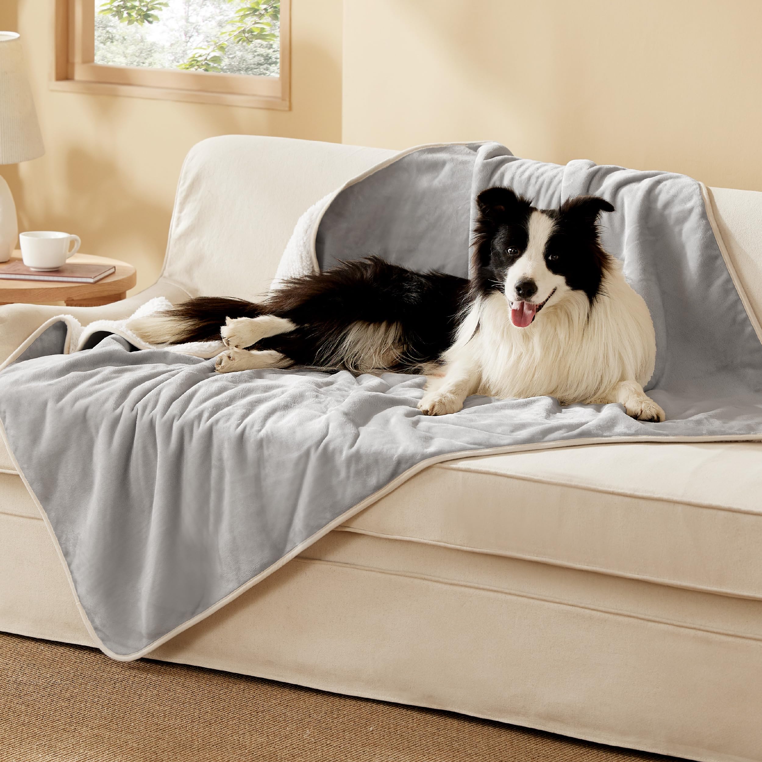Bedsure Waterproof Dog Blankets For Extra Large Dogs - Xl Cat Blanket Washable For Couch Protection, Sherpa Fleece Puppy Blanket, Soft Plush Reversible Throw Furniture Protector, 50X60, Light Grey