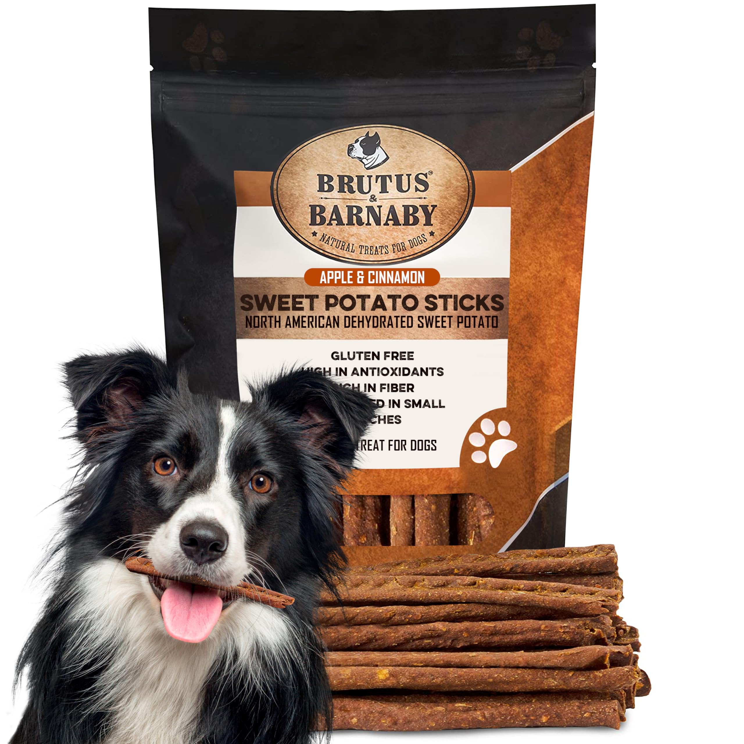 BRUTUS & BARNABY USA Sweet Potato Dog Treats - Crunchy Grain Free Cinnamon Apple Sticks, Promotes Positive Gut Health with Natur