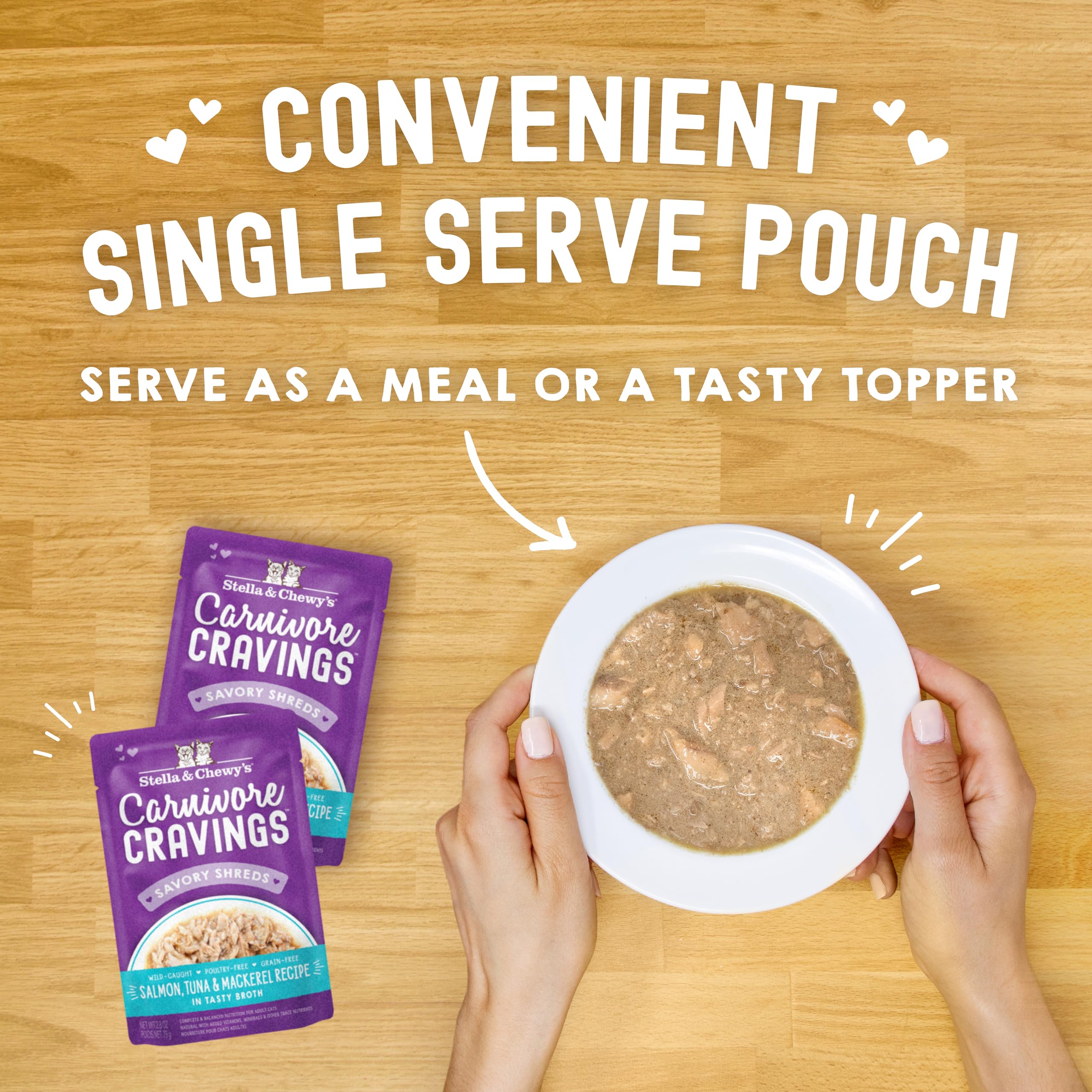 Stella & Chewy's Carnivore Cravings Wet Cat Food, Grain Free Salmon, Tuna & Mackerel, 2.8 oz Pouches, 24 Pack
