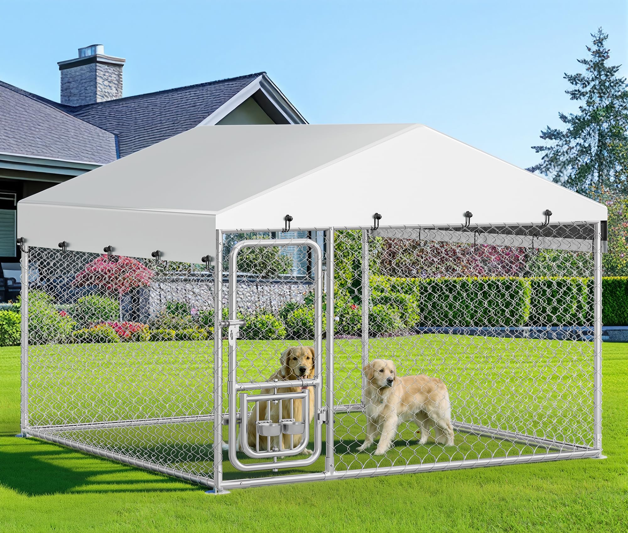 DWVO 7.5x7.5 Dog Kennel Outdoor with Rotating Feeder Bowls, Outdoor Dog Pens with Roof, Heavy Duty Dog House for Medium Large 