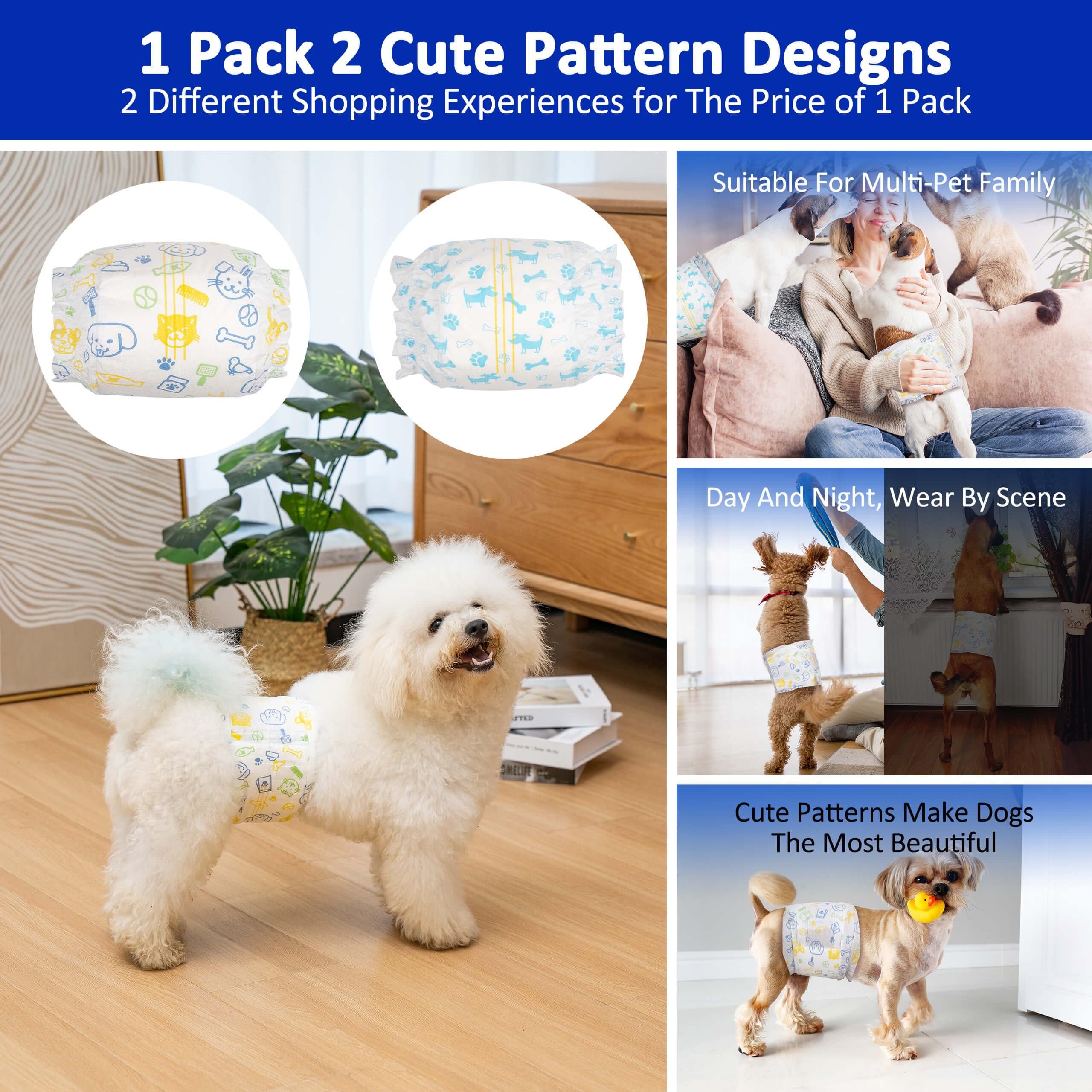 Dono Disposable Male Dog Diapers, Super Absorbent Wraps, M(18-25in), Blue Bone, Model DMD-2, 48 Pack, 360° Leak-Proof