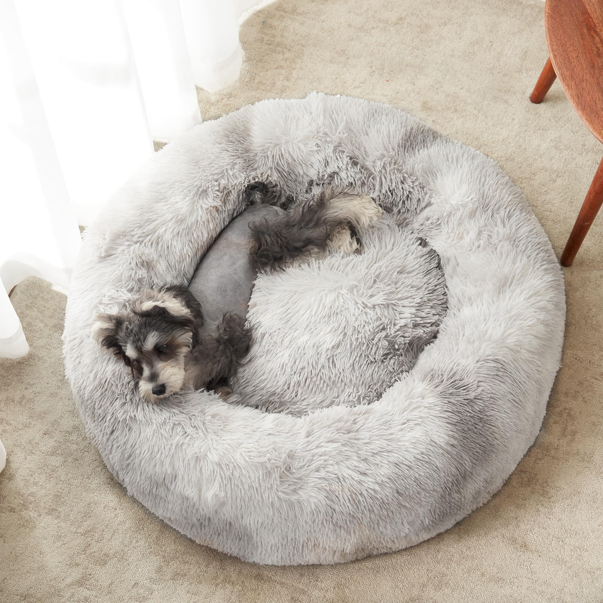 WESTERN HOME WH Calming Dog & Cat Bed, 27" Soft Faux Fur, Anti-Anxiety Donut Cuddler, White Grey