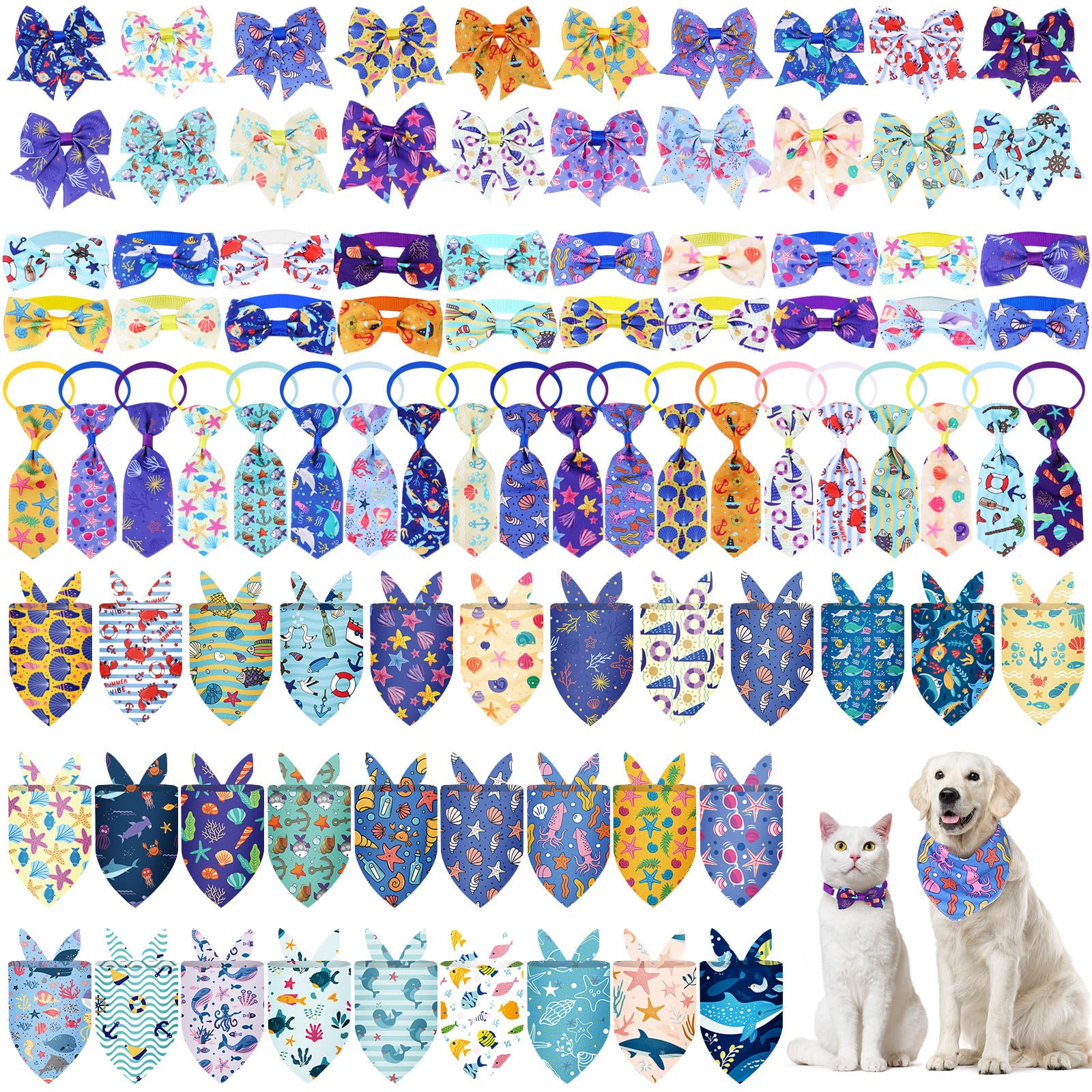 Reginary 120 Pcs Ocean Animals Dog Bandanas Bulk Dog Bows Set Bow Ties Cat Scarf Colorful Washable Triangle Pet Kerchief Cute Bi