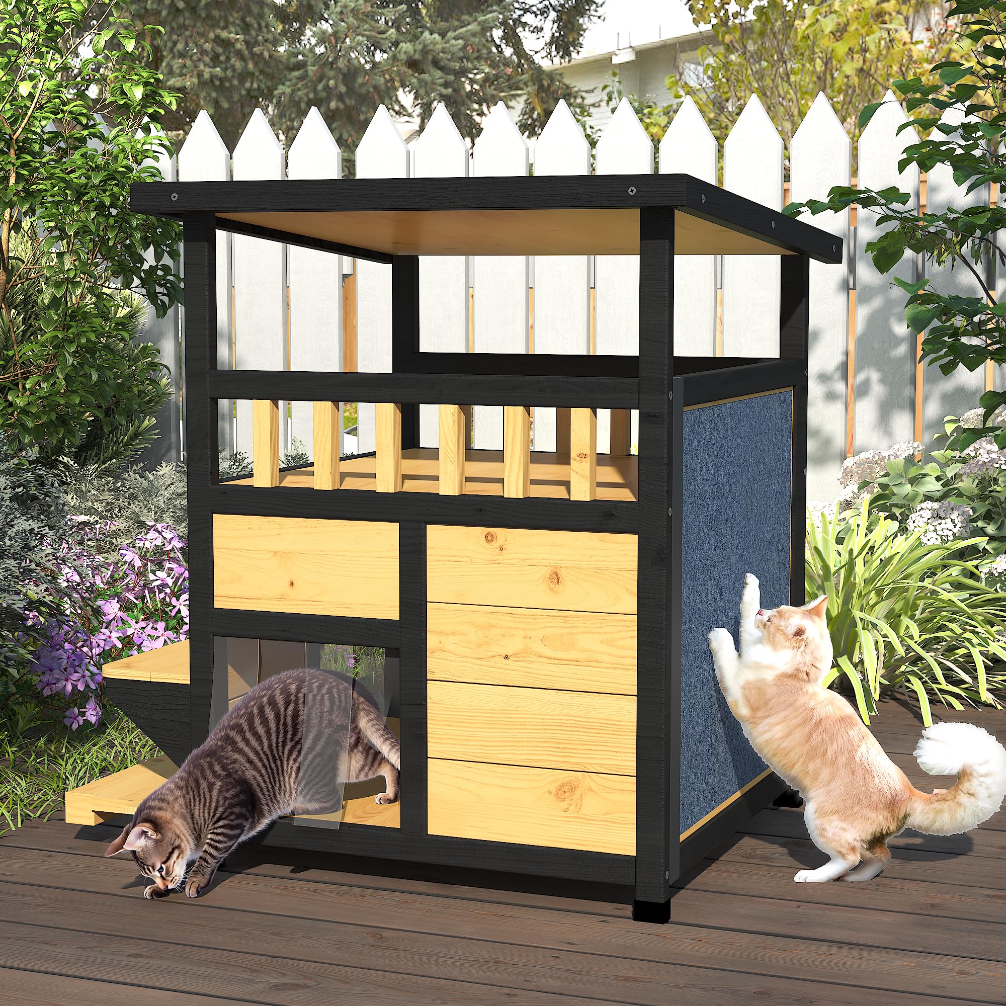 Outdoor Cat House Weatherproof - Outside Two Story Feral Cat Shelter With Escape Door, Wood Dog Condo For Small/Medium Pets, Pul