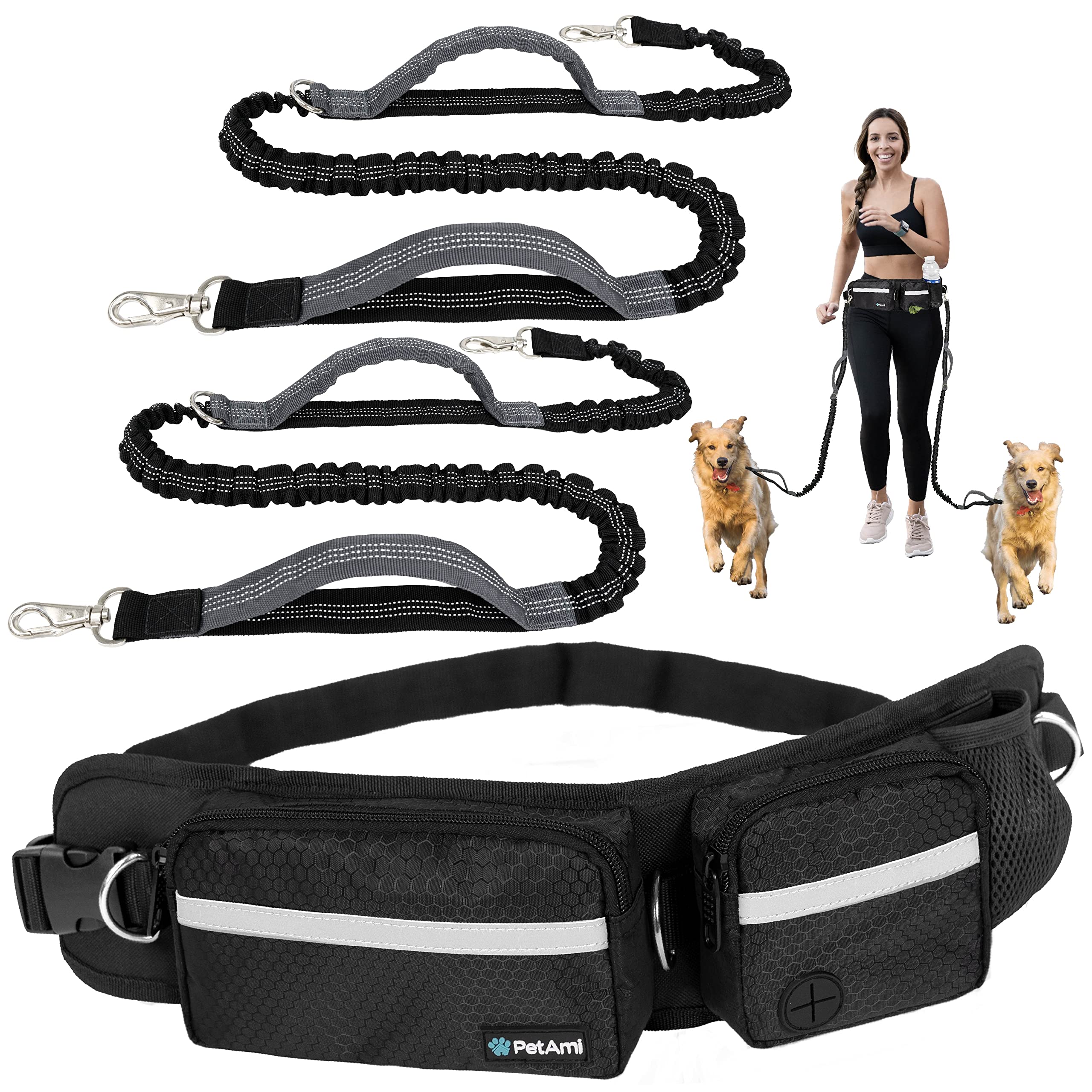 PetAmi Hands Free Dog Leash, Dog Running Leash Belt Bag for Walking, Jogging, Dog Waist Double Zipper Pouch with Poop Bag Dispen