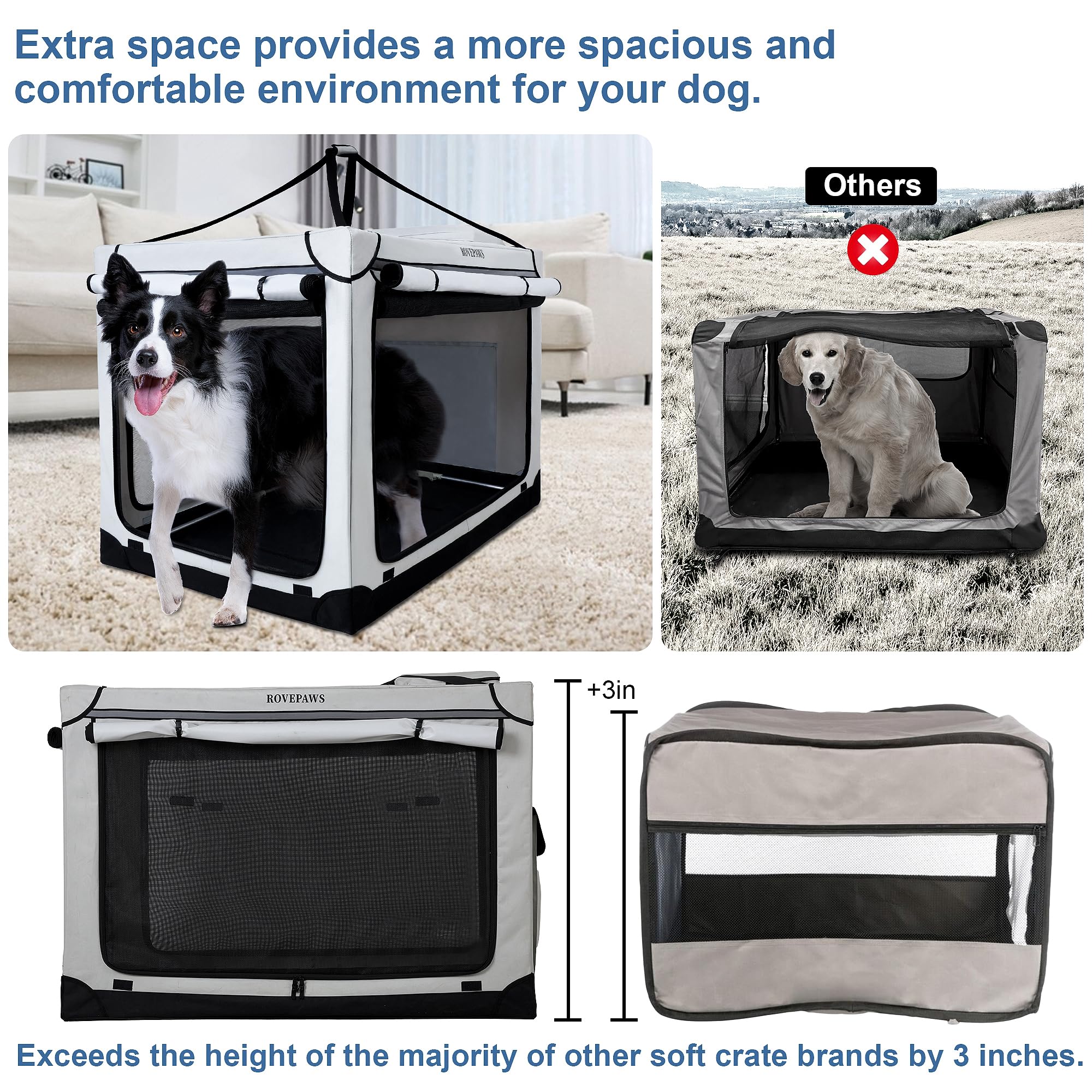 Rovepaws Soft Collapsible Dog Crate - 36 Inch Portable Travel Crate With Extra Space Indoor & Outdoor, 4-Door Foldable Pet Kenne