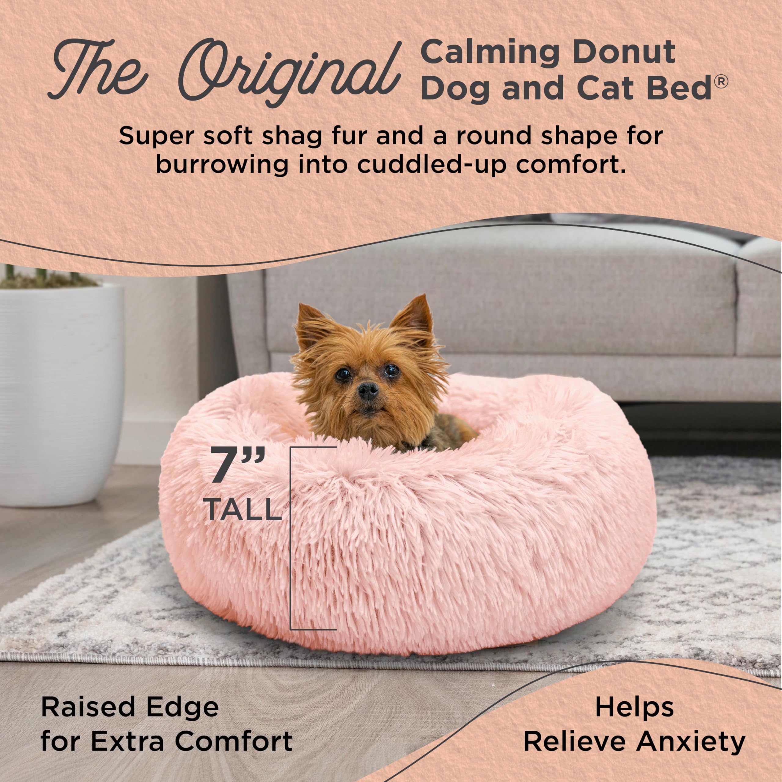 Best Friends By Sheri The Original Calming Donut Dog And Cat Bed In Shag Fur, Cotton Candy Pink, Extra Small, 18X18