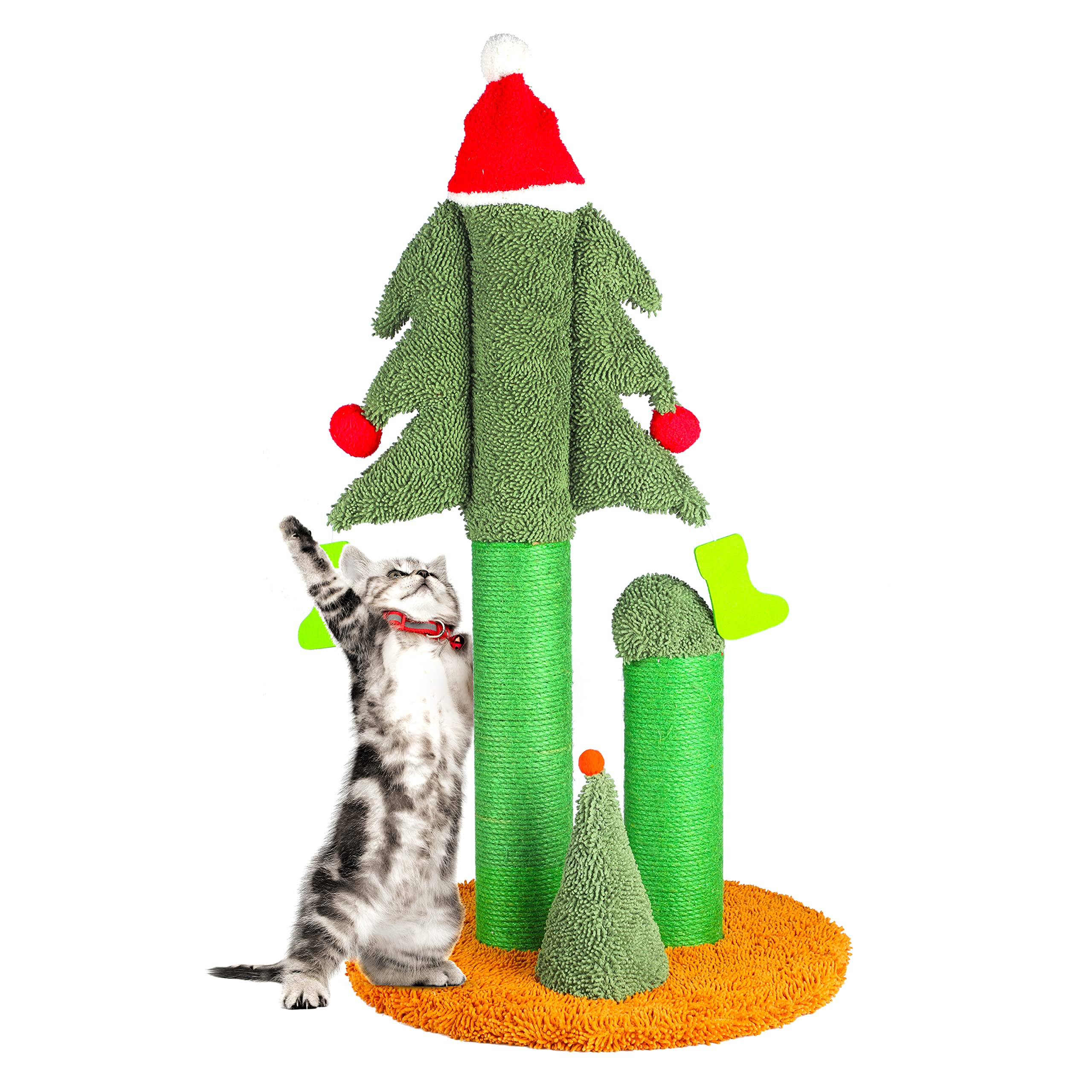 FluffyDream 32    Cat Scratching Post, Tall Christmas Tree Cat Scratcher with 3 Posts and Cute Dangling Teaser Balls, Natural Si
