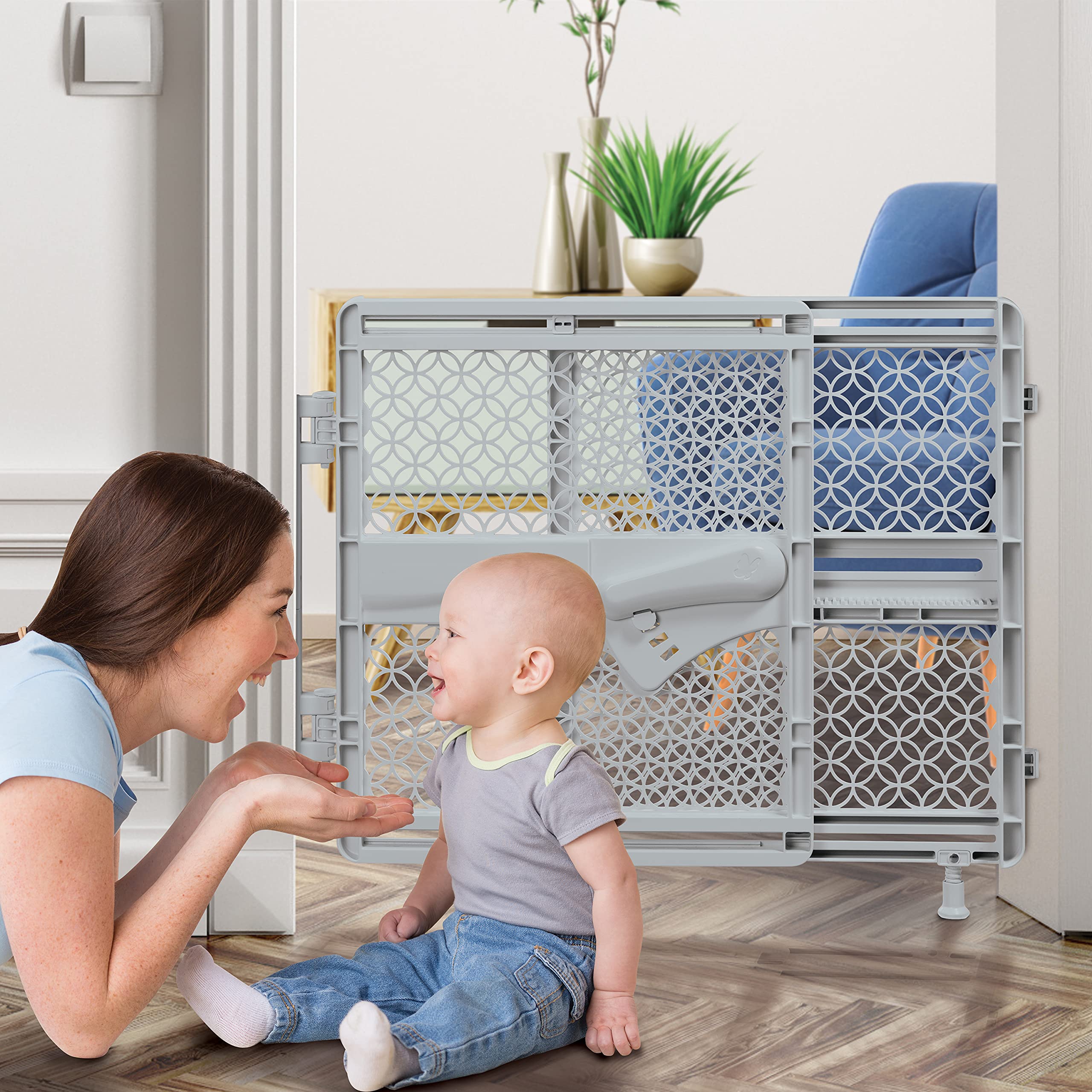 Summer Infant Indoor & Outdoor Multi Function Walk-Thru Baby Gate, Fits Openings 27.5'-42' Wide, Gray Plastic, For Doorways And Stairways, 28” Tall Walk-Through Baby And Pet Gate