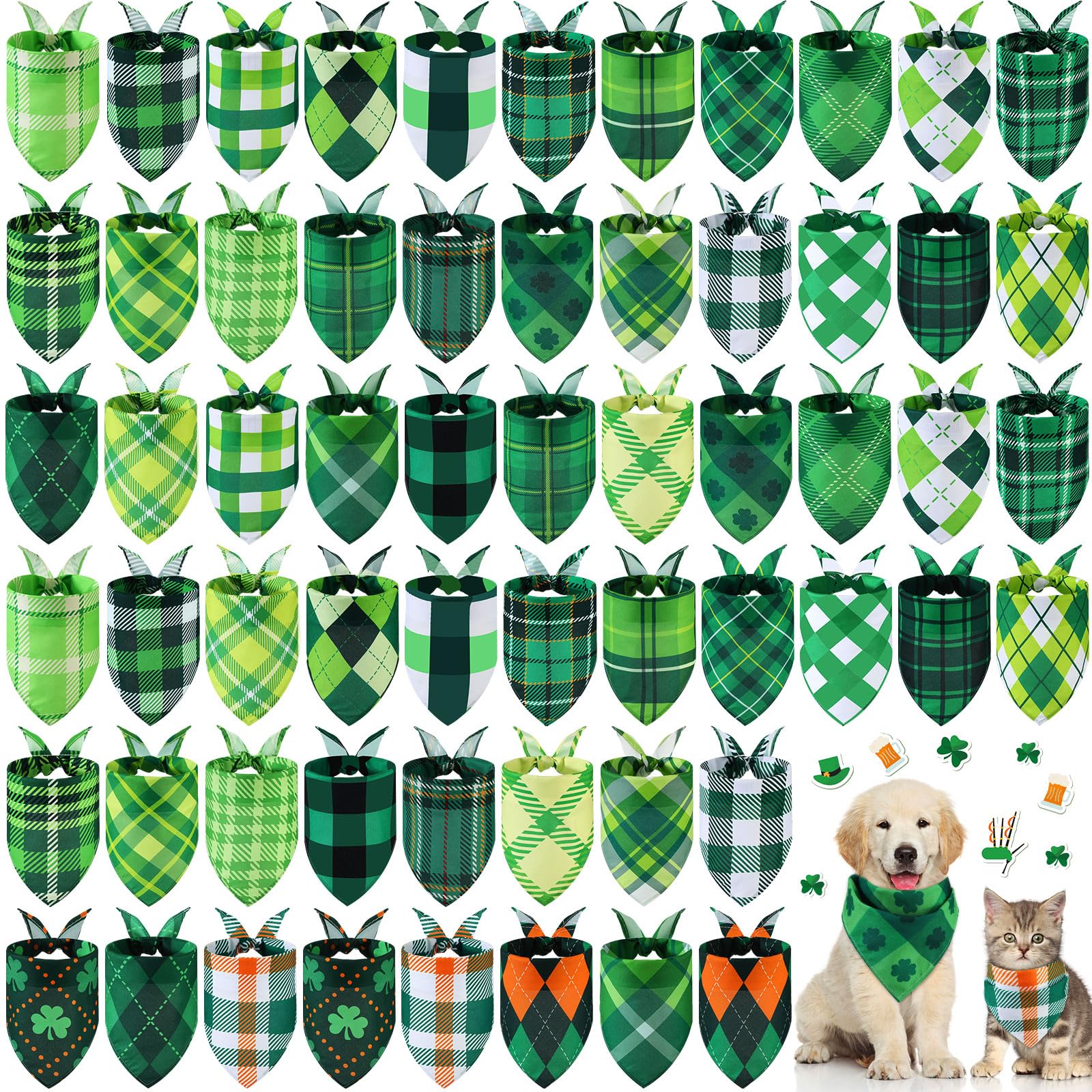 Sweetude 60 Pcs St Patrick'S Day Plaid Dog Bandanas Bulk St Patrick'S Pet Scarf Bibs Adjustable Washable Kerchief Holiday Pet Co