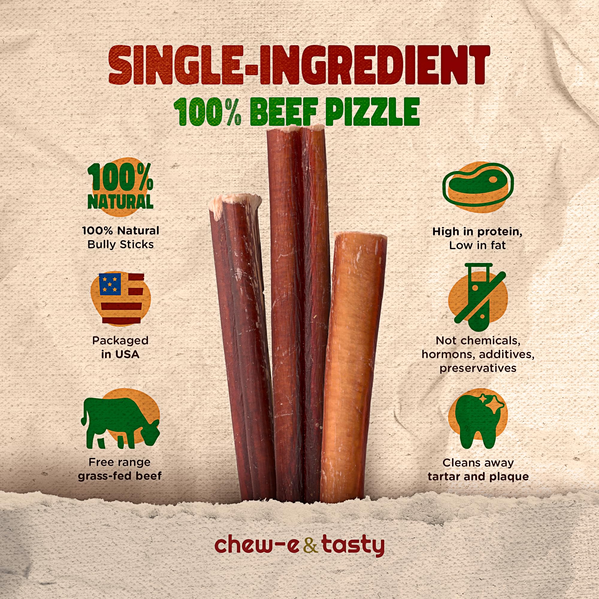 chew-e&tasty Premium Grade 5-6 Bully Sticks Dog Treats Single Ingredient Long Lasting High Protein 100% Natural Odor Free Grass-