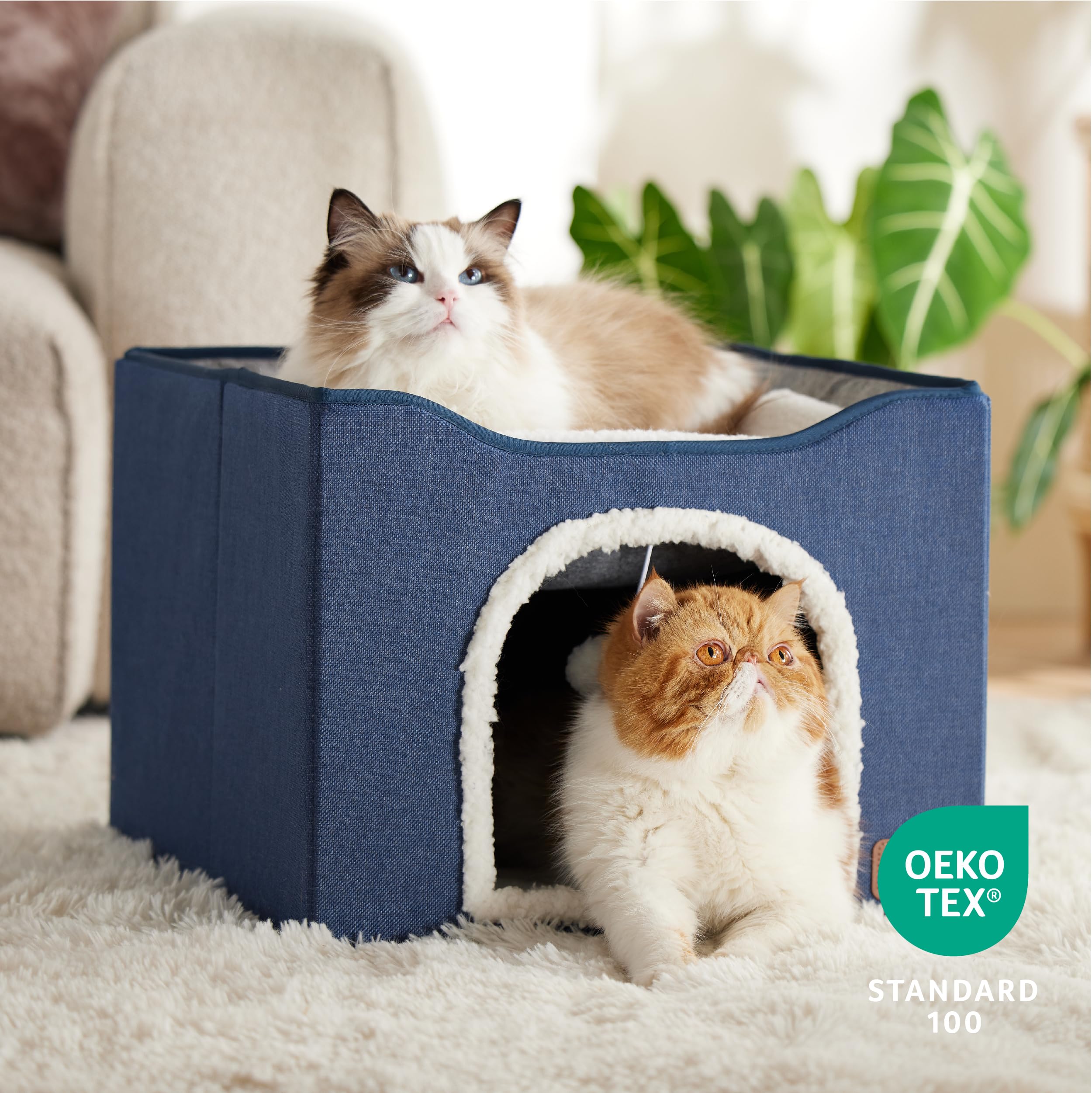 Bedsure Cat Beds For Indoor Cats - Large Cat Cave For Pet Cat House With Fluffy Ball Hanging And Scratch Pad, Foldable Cat Hideaway,16.5X16.5X13 Inches, Blue