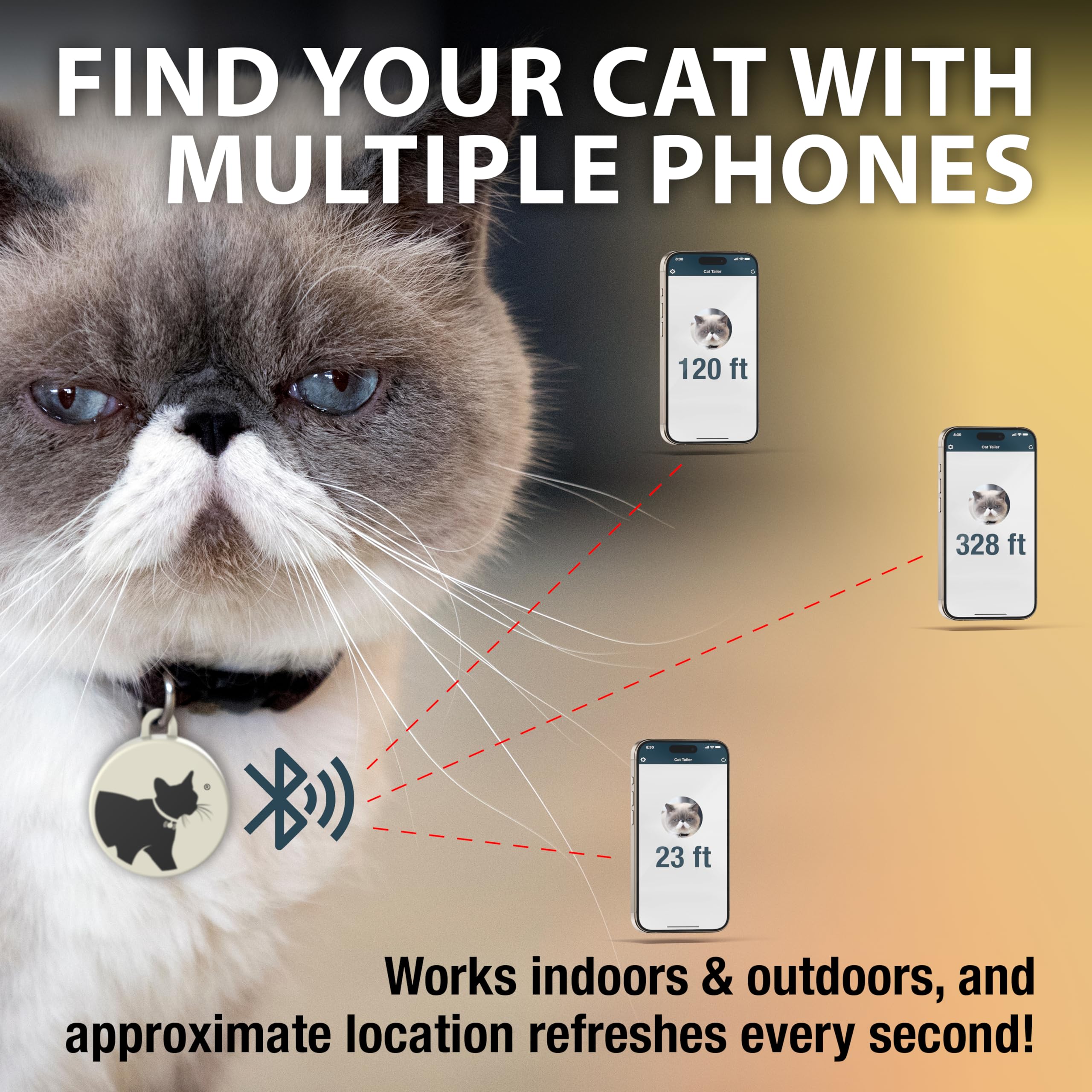 Cat Tailer Cat Tracker - Small and Lightweight Waterproof Bluetooth Pet Collar Attachment, 328 Foot Range, Replaceable 6 Month B