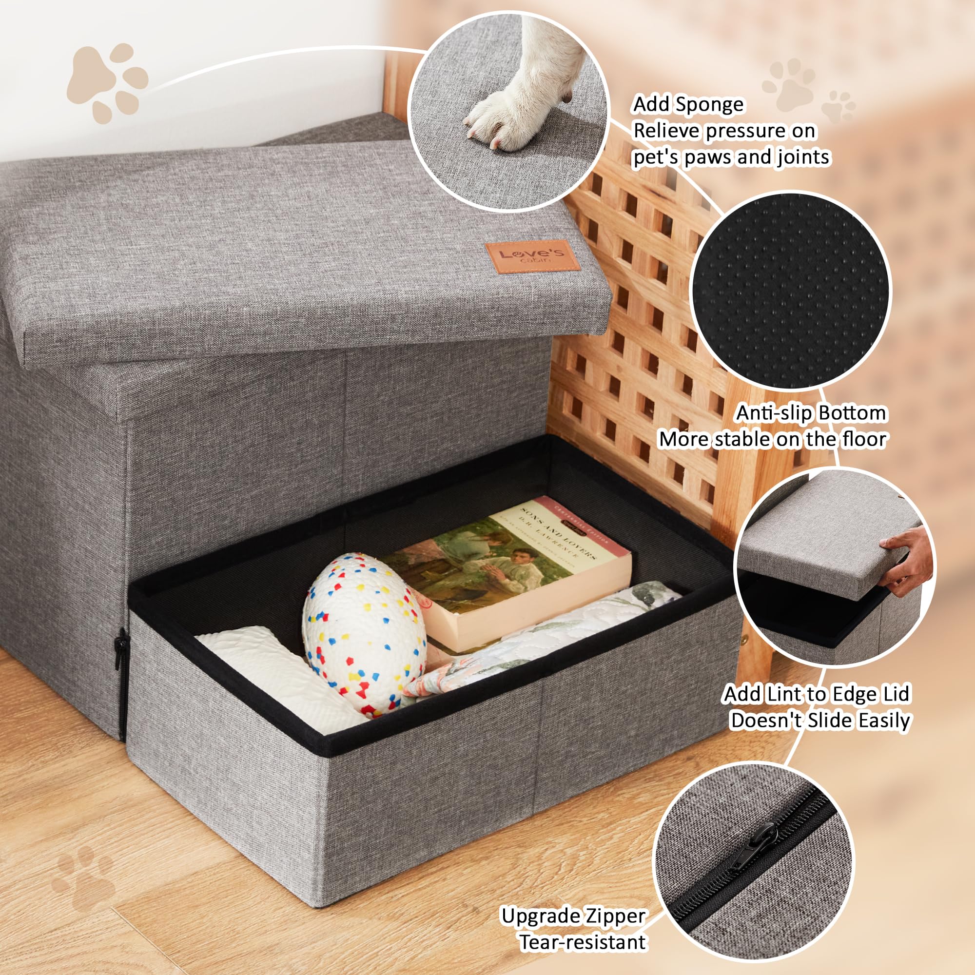 Loves cabin Dog Stairs with Storage 13 H,Foldable Pet Stairs for Small Medium or Large Dogs,Cat Puppy Steps Ramp with Zip up to